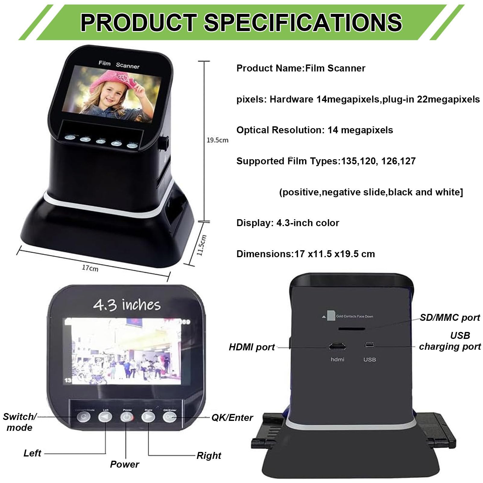 Scanner per diapositive ad alta risoluzione da 120 mm,per negativi e diapositive da 35 mm,135, 126, 127 in formato digitale, supporta l'anteprima e la modifica delle immagini,con schermo LCD da 4,3"