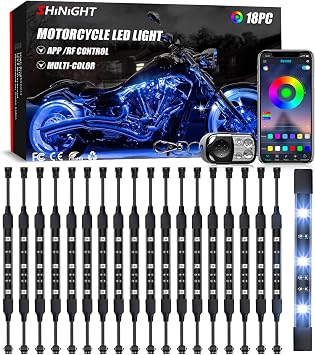 SHINIGHT 18 Pcs Motorcycle LED Light Kits, App Control Multicolor Waterproof Motorcycle LED Strip Lights with RF Remote, Music Sync & Multiple Scene Modes RGB LED Lights for Motorcycles