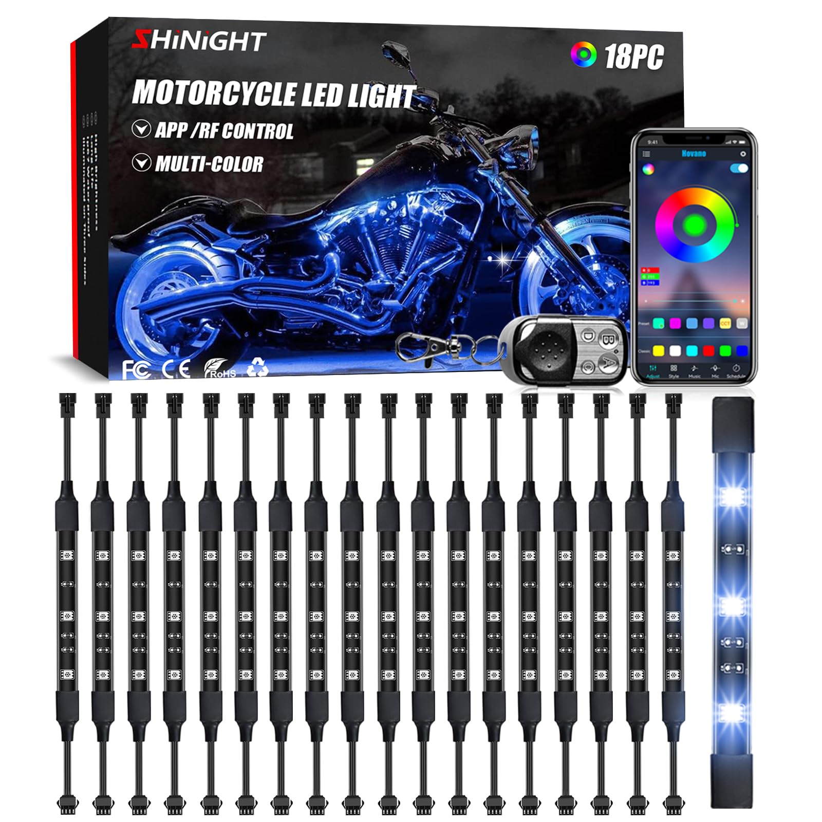 SHINIGHT 18 Pcs Motorcycle LED Light Kits, App Control Multicolor Waterproof Motorcycle LED Strip Lights with RF Remote, Music Sync & Multiple Scene Modes RGB LED Lights for Motorcycles