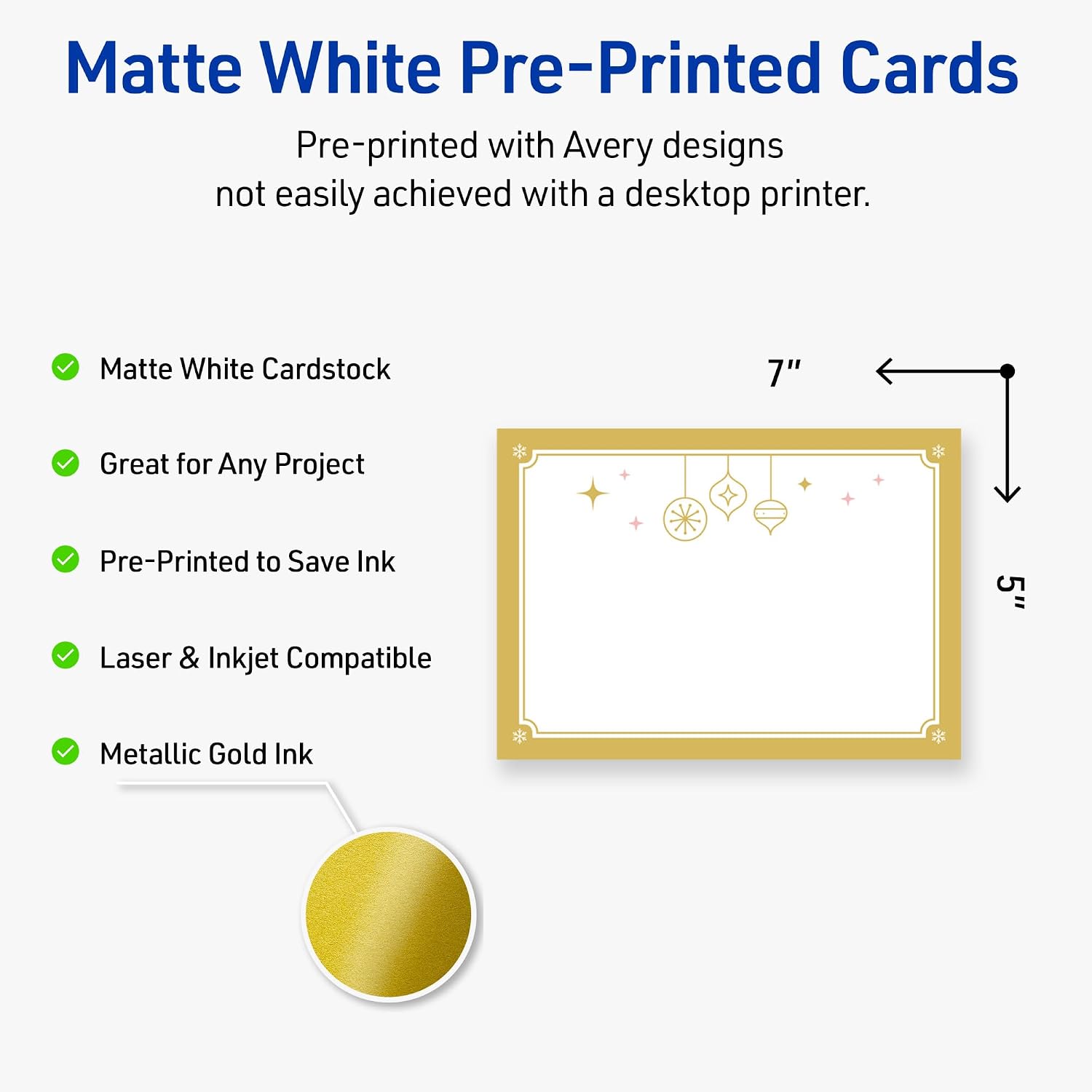 Avery Printable Rectangle Invitation Cards, 5" x 7", Matte White, Pre-printed Metallic Gold Hanging Ornaments Design, Sure Feed Technology, Laser & Inkjet Compatible, 40 Total