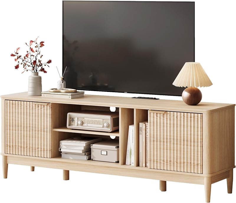 LINSY HOME Mid Century Modern Fluted TV Stand for 75" TV,Natural Oak | Entertainment Center with Storage Cabinet, Sturdy TV Console Table, Media Console for Living Room Bedroom