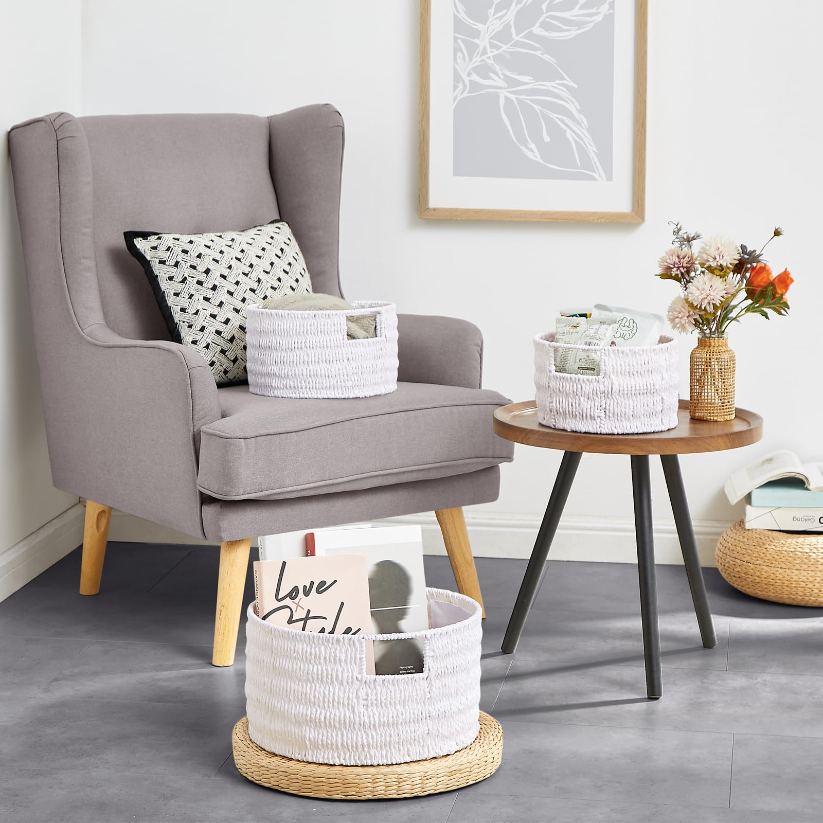 Vagusicc Cesto portaoggetti in vimini, intrecciato a mano, grande, rotondo, con manici, cesti in vimini per organizzare/riporre, bianco, confezione da 3