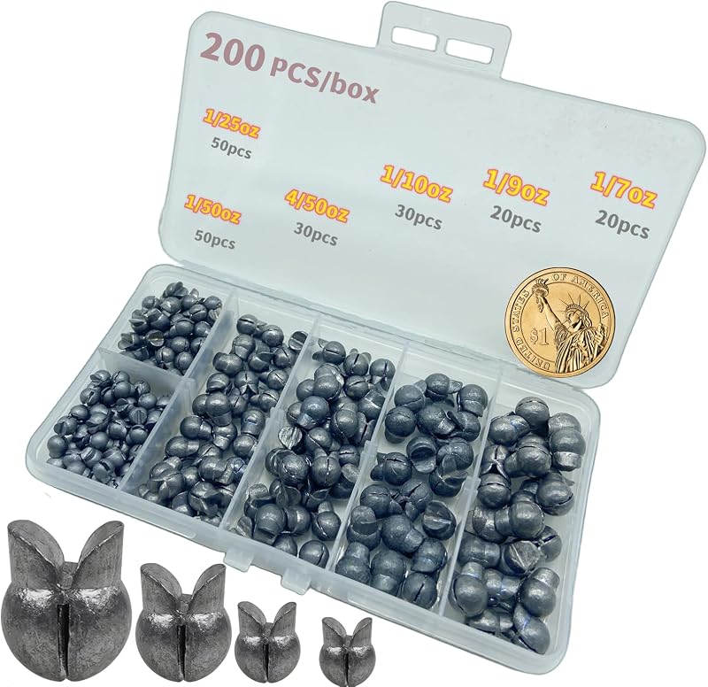 200 piezas/caja de plomos de pesca de tiro dividido extraíbles de gran tamaño (1/7 oz, 1/9 oz, 1/10 oz, 4/50 oz, 1/25 oz, 1/50 oz mezclados), clip de pesas de pesca con diseño de boca abierta ajustable para agua dulce y salada