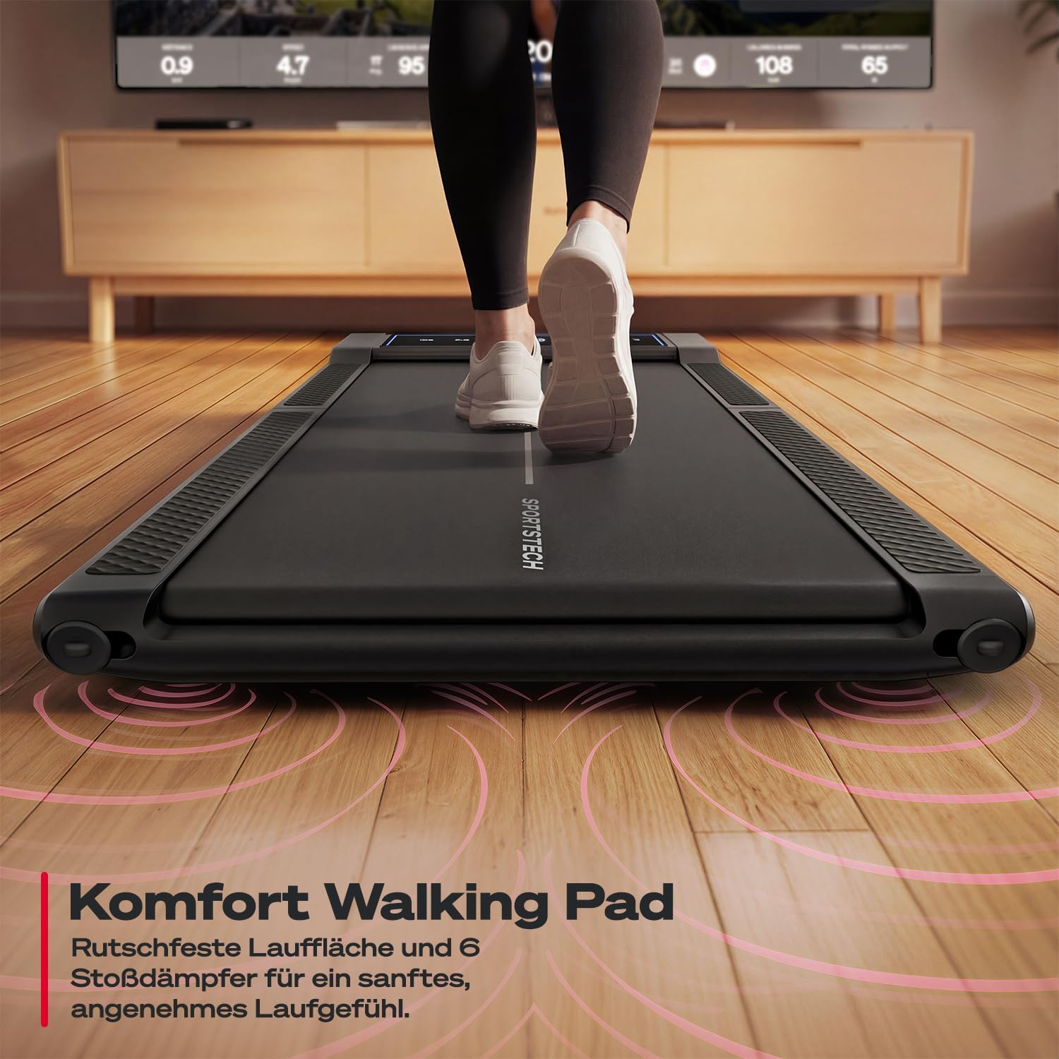 Sportstech Walking Pad sWalk Fold, Laufband für Zuhause Klappbar mit LED-Beleuchtung, App-Steuerung, bis 6 km/h, kompakt mit Transportrollen, leises Treadmill, Home Office & Schreibtisch, bis 150 kg