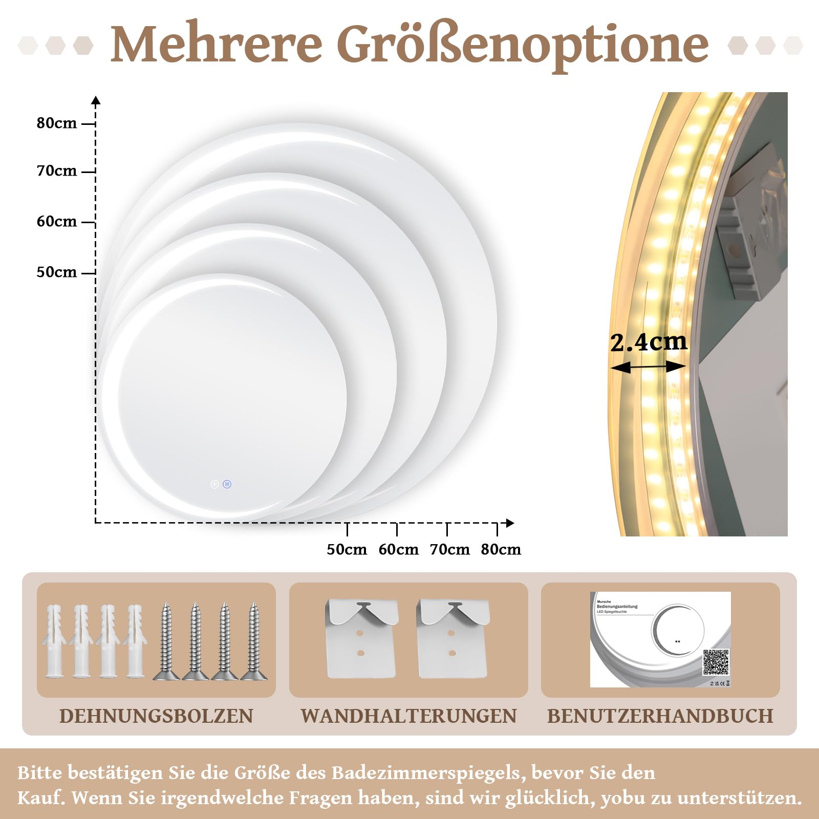 Specchio Bagno Specchio Led - Girare 50cm Specchiera Bagno con Luce 70cm Antifog Dimmerabile 3 Colori Luce Memoria HD Vetro Temperato IP44 Installazione Semplice