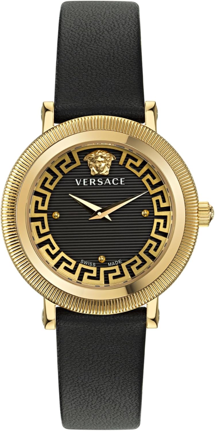Versace Greca Flourish Collection Luxury Womens Watch Timepieces with a Black Strap and Dial Featuring a Gold Case