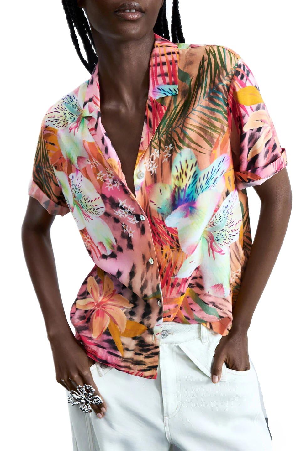 Desigual Women's Red Short-Sleeve Tropical Shirt, Viscose, L