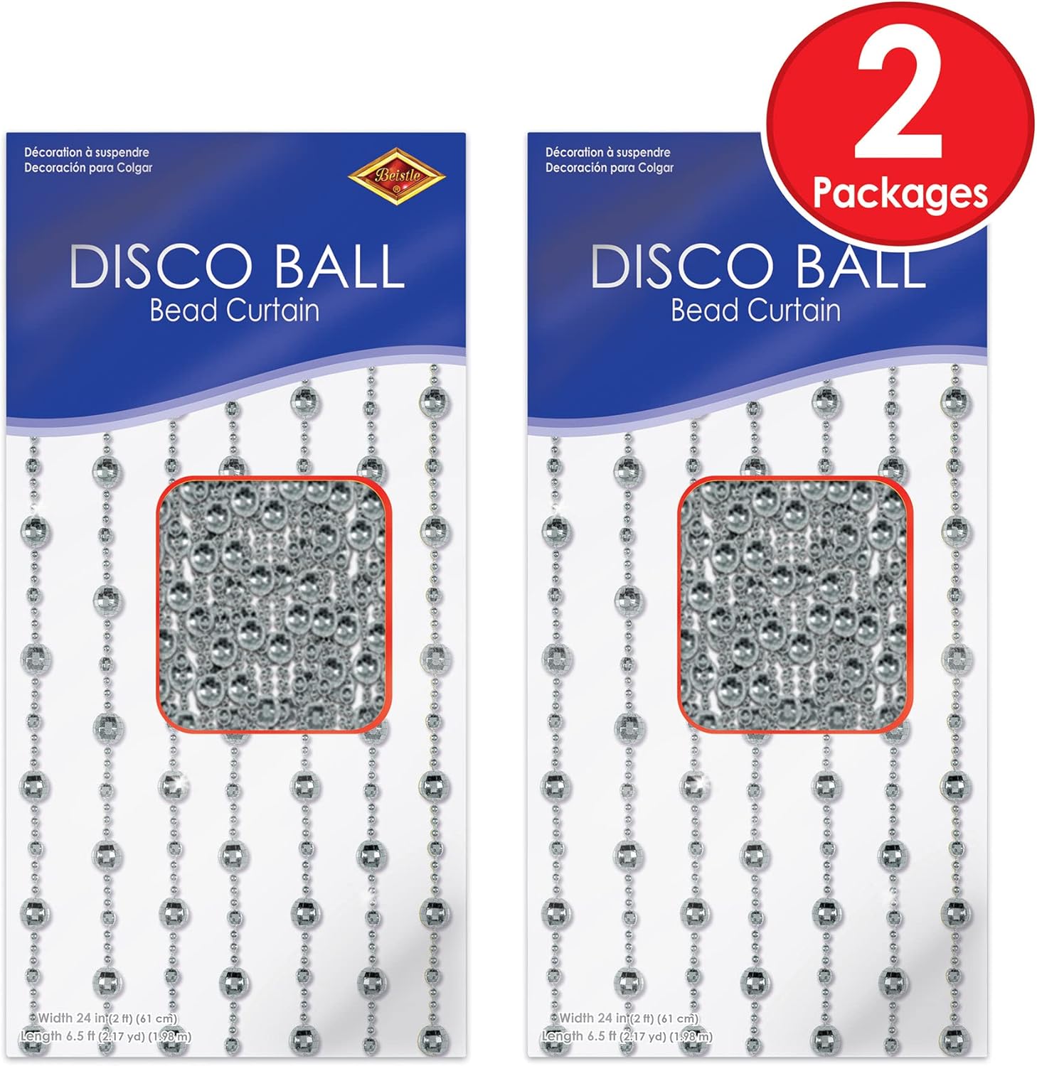 Beistle 2 Piece Plastic Novelty Disco Ball Beaded Curtains for 70's Theme Party Decorations, 78" x 24", Silver