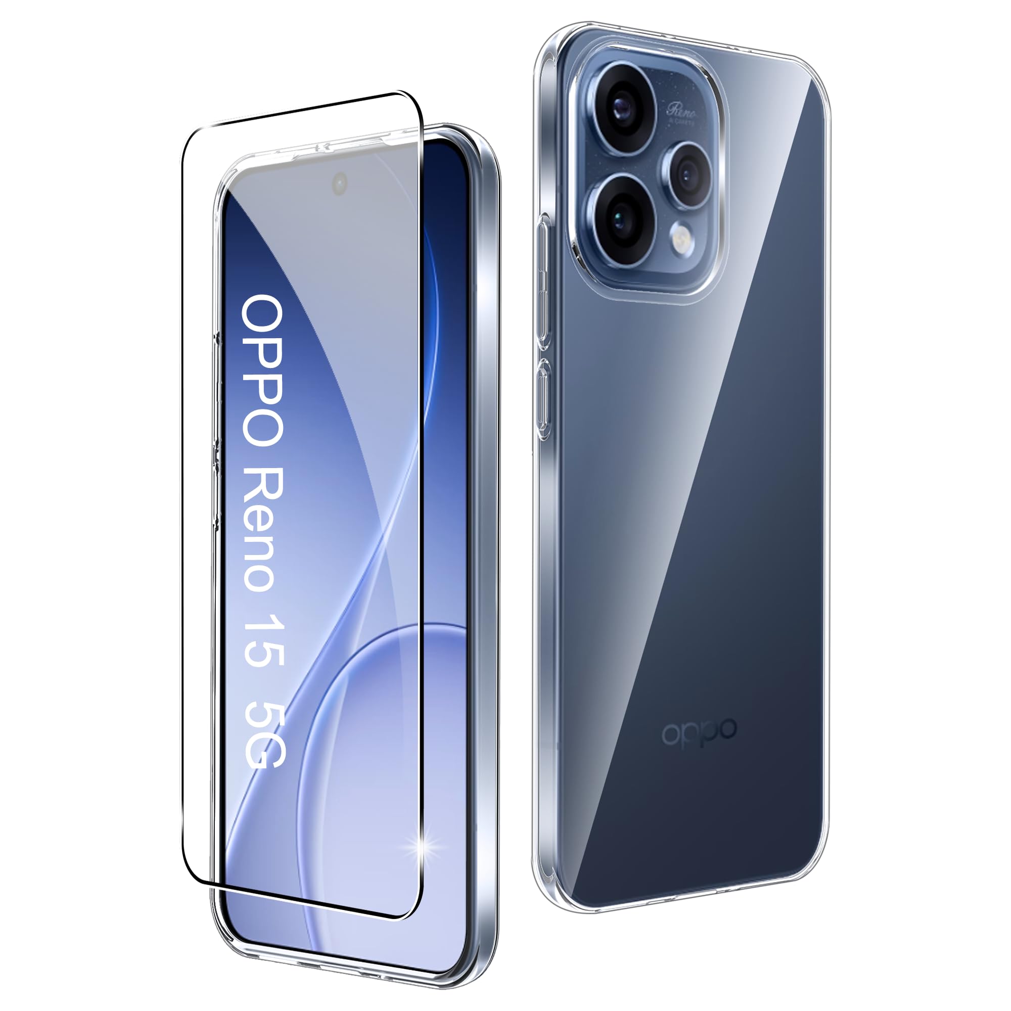 CAUHENYEE Trasparente Cover per OPPO Reno 15 5G Custodia, con 1 Pezzi Schermo in Vetro Temperato, Cover Sottile e Morbida in TPU Trasparente