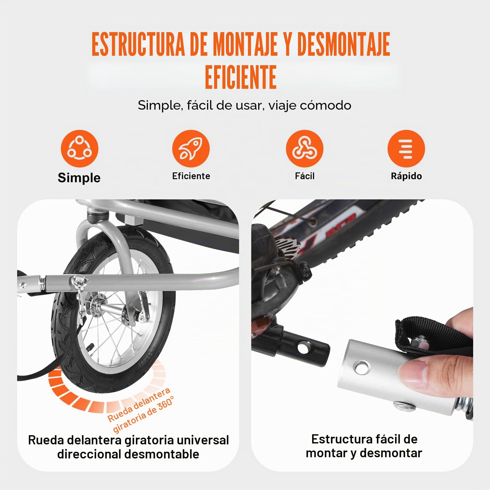 VEVOR Remolque de Bicicleta para Niños Asiento Doble Carga 40 kg Portaequipajes Transformable en Cochecito Remolque de Bicicleta para Niños Plegable con Enganche Universal para Bicicleta, Naranja Gris