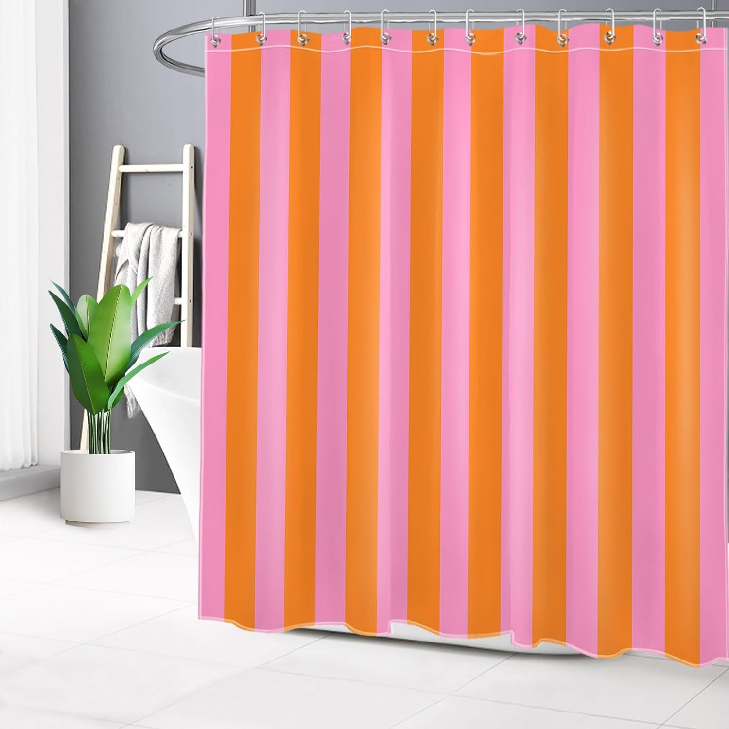 EOBTAIN Pink and Orange Shower Curtain Set Abstract Cute Boho Vertical Striped Fabric Bathroom Curtains Shower Set Minimalist Girly Bathroom Sets with Shower Curtain and Rugs 72x72 Inch