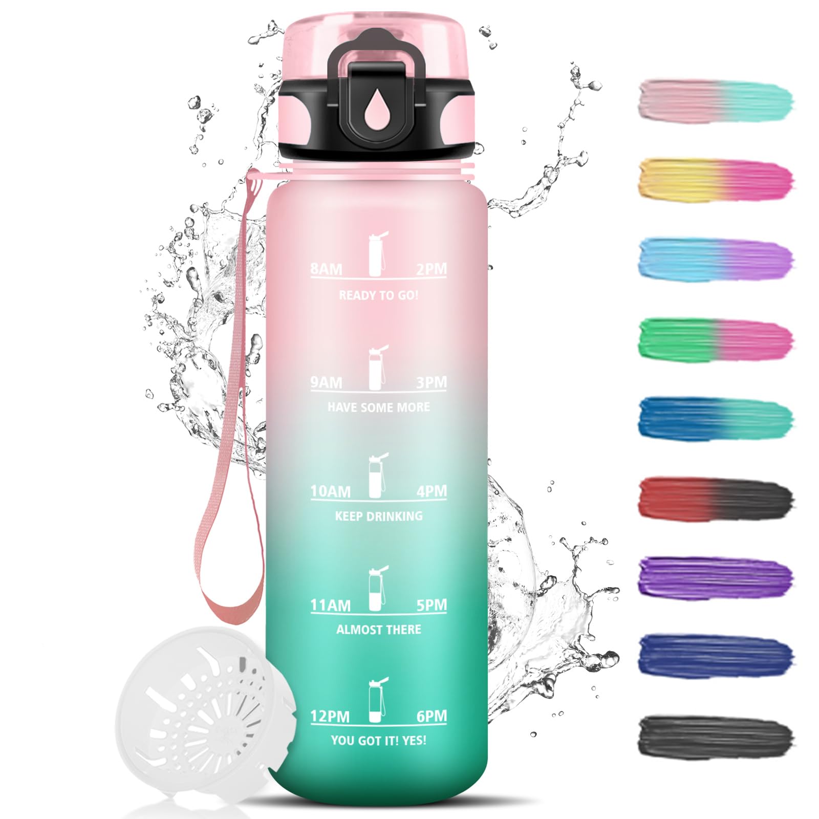 Grsta Men's Pink-Cyan 1 Litre Sports Water Bottle With Filter, Leak-Proof Water Bottle, Can Be Carried, Water Bottle With Time Marking, Adult Water Bottle For Fitness, School, Camping,
