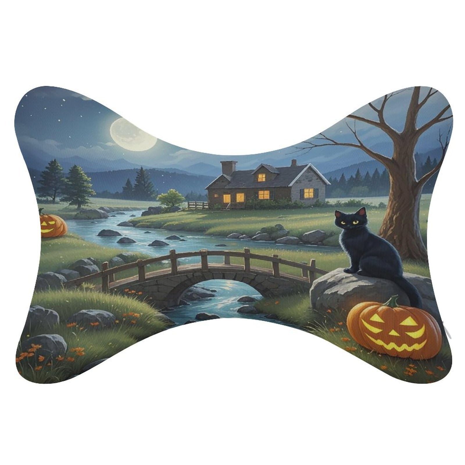 FekiLoot Full Moon Bridge Black Cat Car Headrest Set of 2,Softness Memory Foam Car Neck Pillow with Breathable Removable Cover Car Neck Support Pillow Ergonomic for Driving, Office