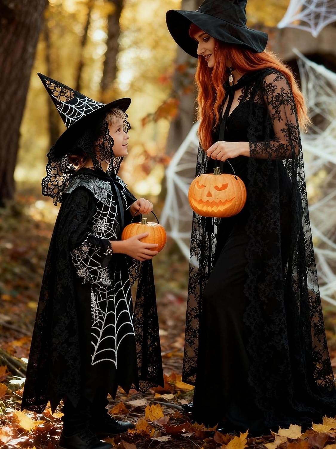 Halloween Lace Hooded Cloak Witch Tulle Cape for Women Sheer Cape Gothic Costumes Cloak for Cosplay Vampire Costume (4.3 FT) Black