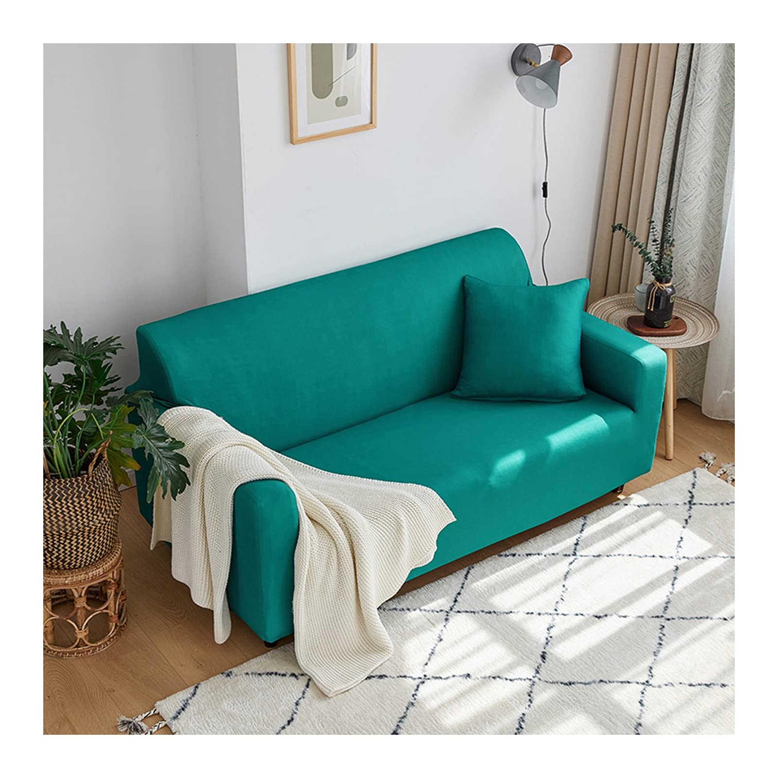 Housse de canapé extensible angle 3 places protection polyester salon bleu vert