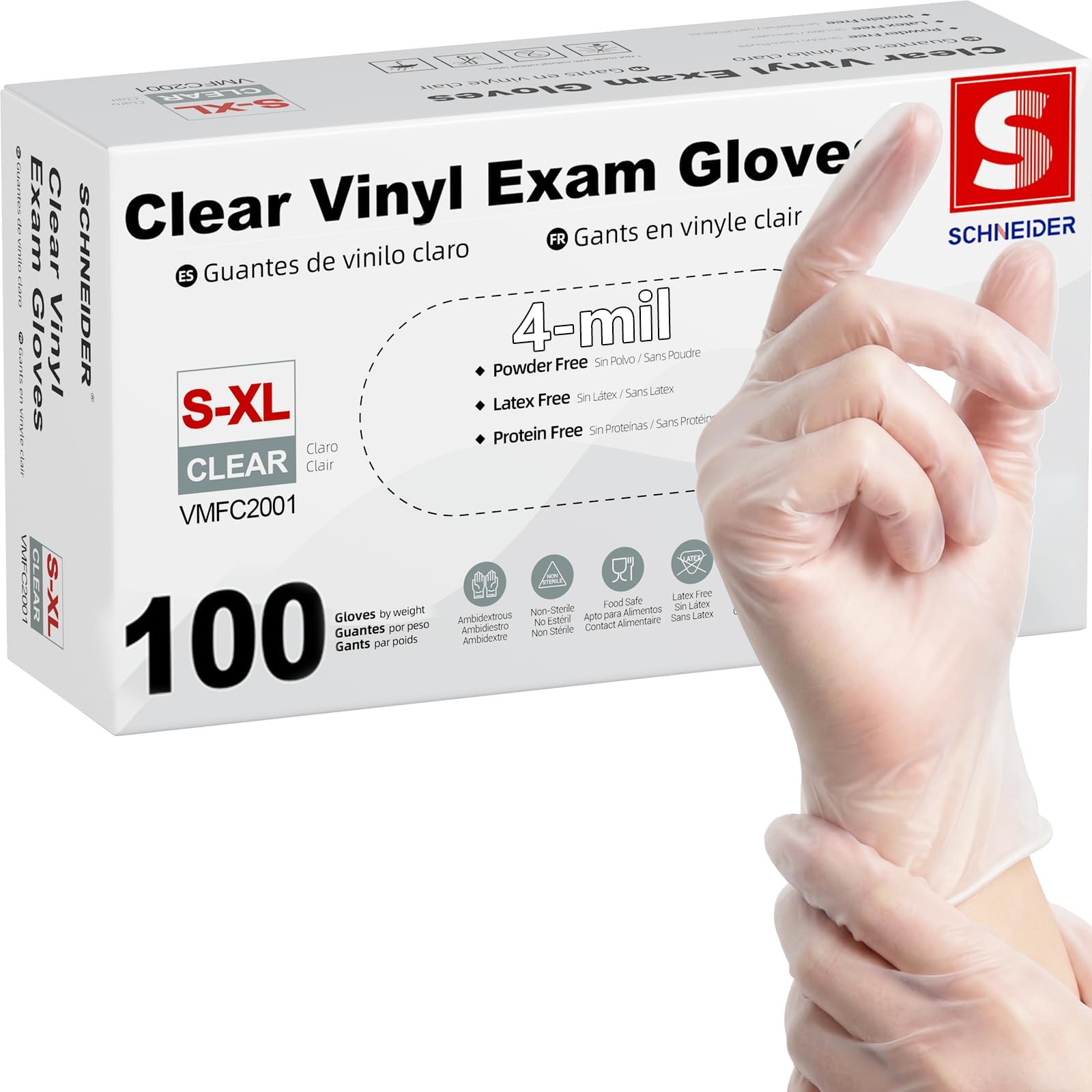 Clear Vinyl Exam Gloves, Latex-Free, Disposable Medical Gloves, Cleaning Gloves, Food Safe, Powder-Free, 4 mil
