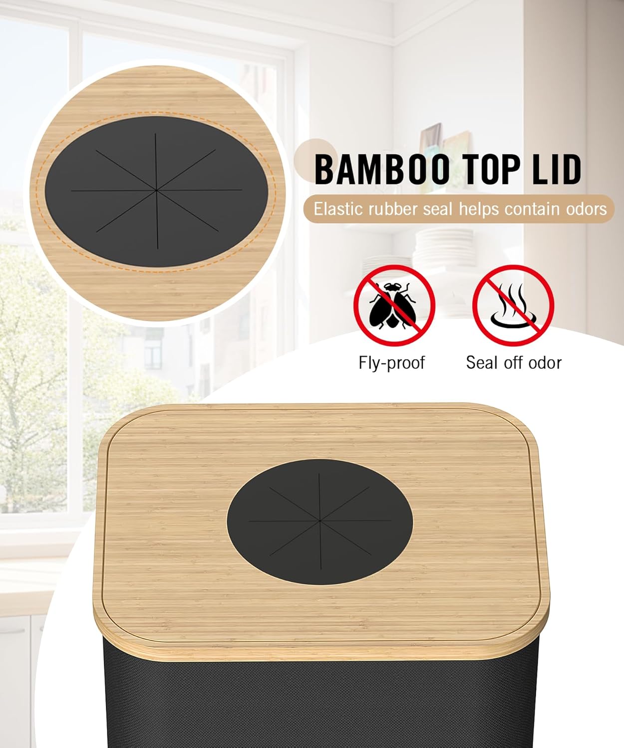Recycling Bins for Kitchen, 26 Gallon (100L) Recycle Bin with Bamboo lid, Indoor Oxford Fabric Recycling Trash Can with 2pcs Removeable and Reusable Inner Bags for Bottle Can Glass Plastice, Black