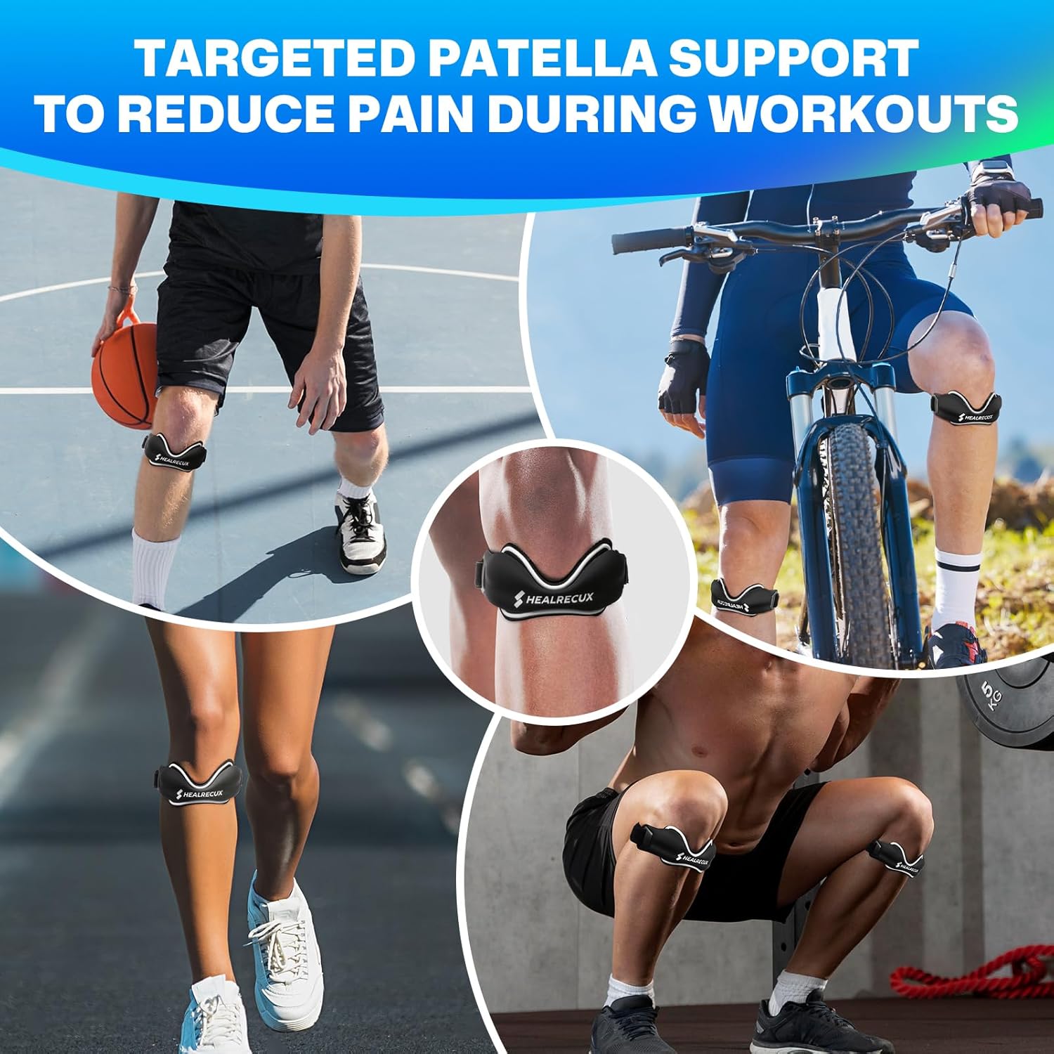 Patellar Tendon Support Strap, Silicone Patella Knee Strap, Non-Slip Patella Stabilizer Knee Band for Jumpers Knee, Tendonitis, Basketball, Volleyball, Squats - Black 2 Pack