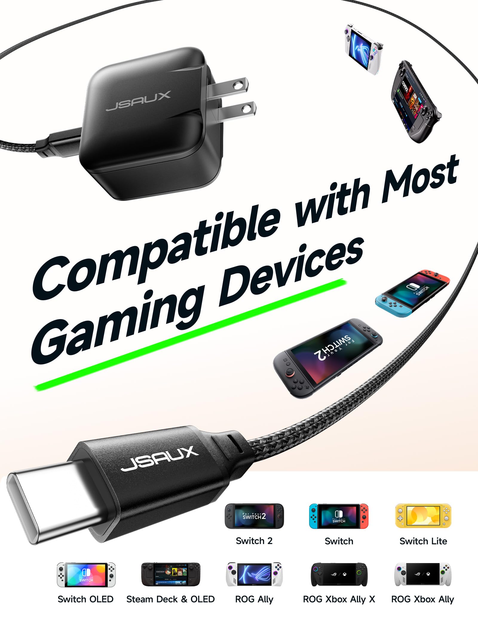 JSAUX Ładowarka USB C 65 W, kompatybilny z Nintendo Switch 2, ROG Ally, Steam Deck, tabletami i laptopami. Szybka ładowarka ścienna PD 65 W z 2-metrowym kablem USB C, wtyczka EU i UK