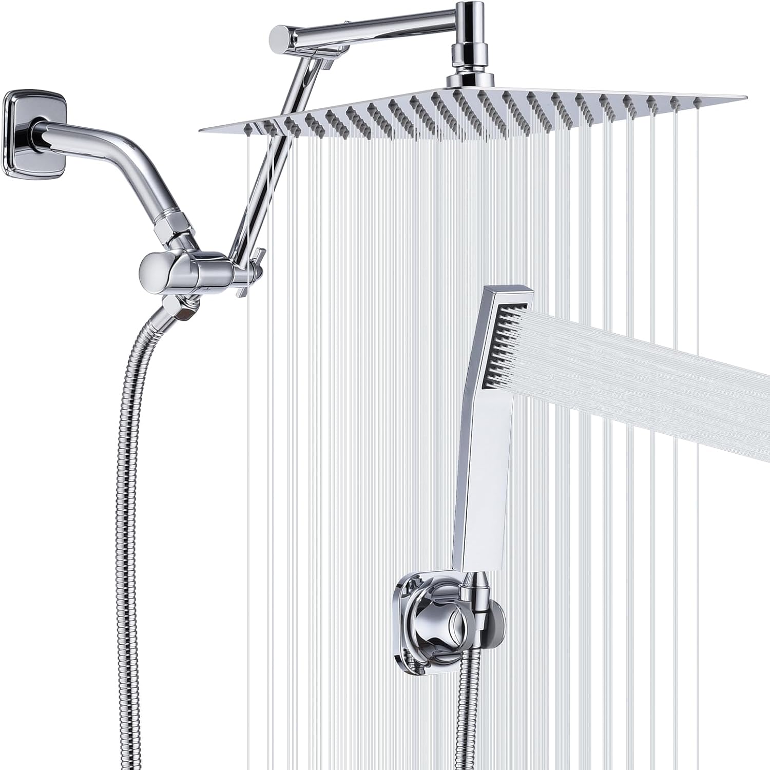 TRUSTMI High Pressure Rain Shower Head with Handheld Spray Combo, 10 Inch Square Shower Head with 14 Inch Height Adjustable Extension Arm, 3-Way Diverter, Chrome
