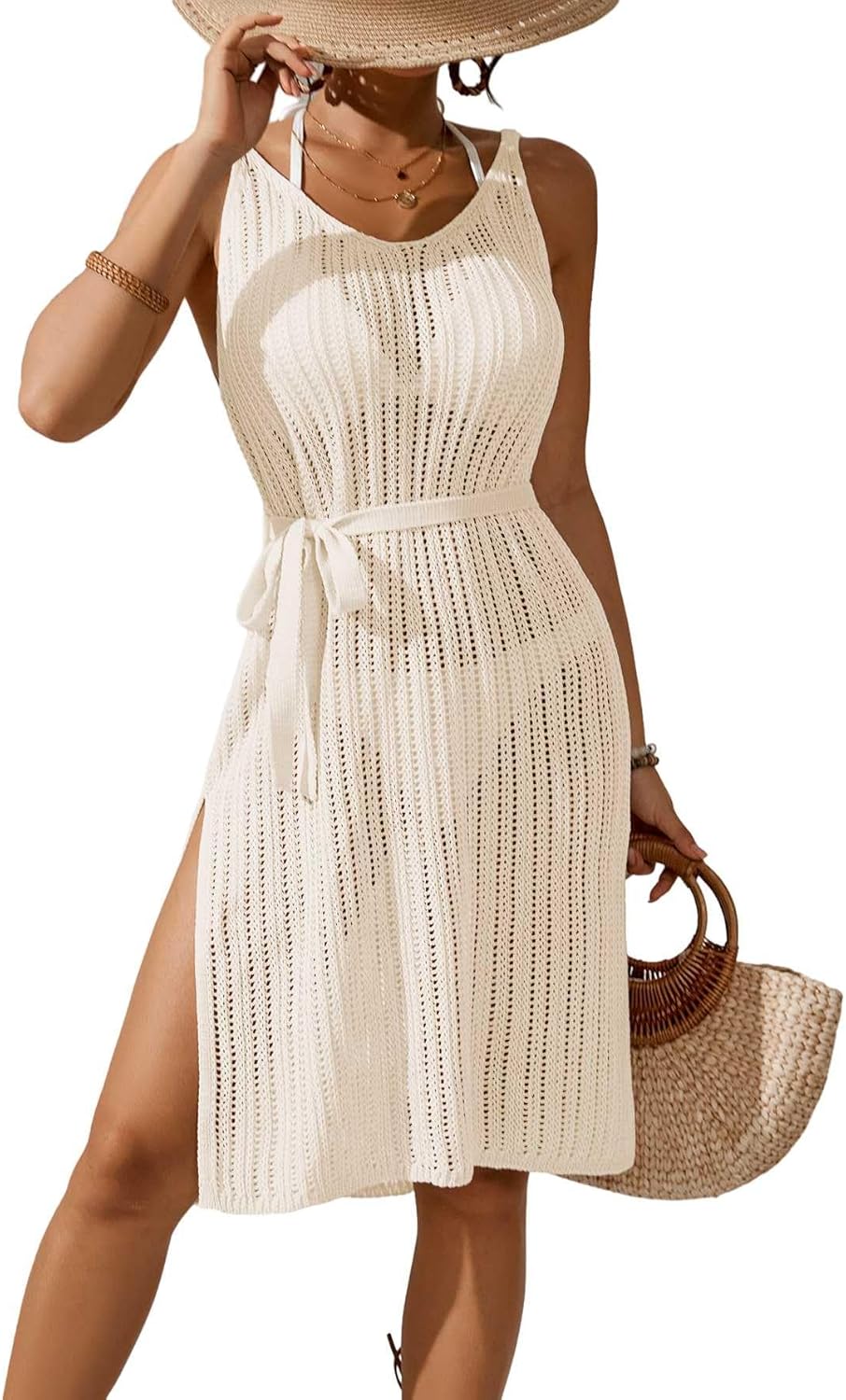 Womens Crochet Knit Waist Bow Tie Beach Midi Dress Summer 2025 Scoop Neck Side Slit Bathing Suit Cover Up