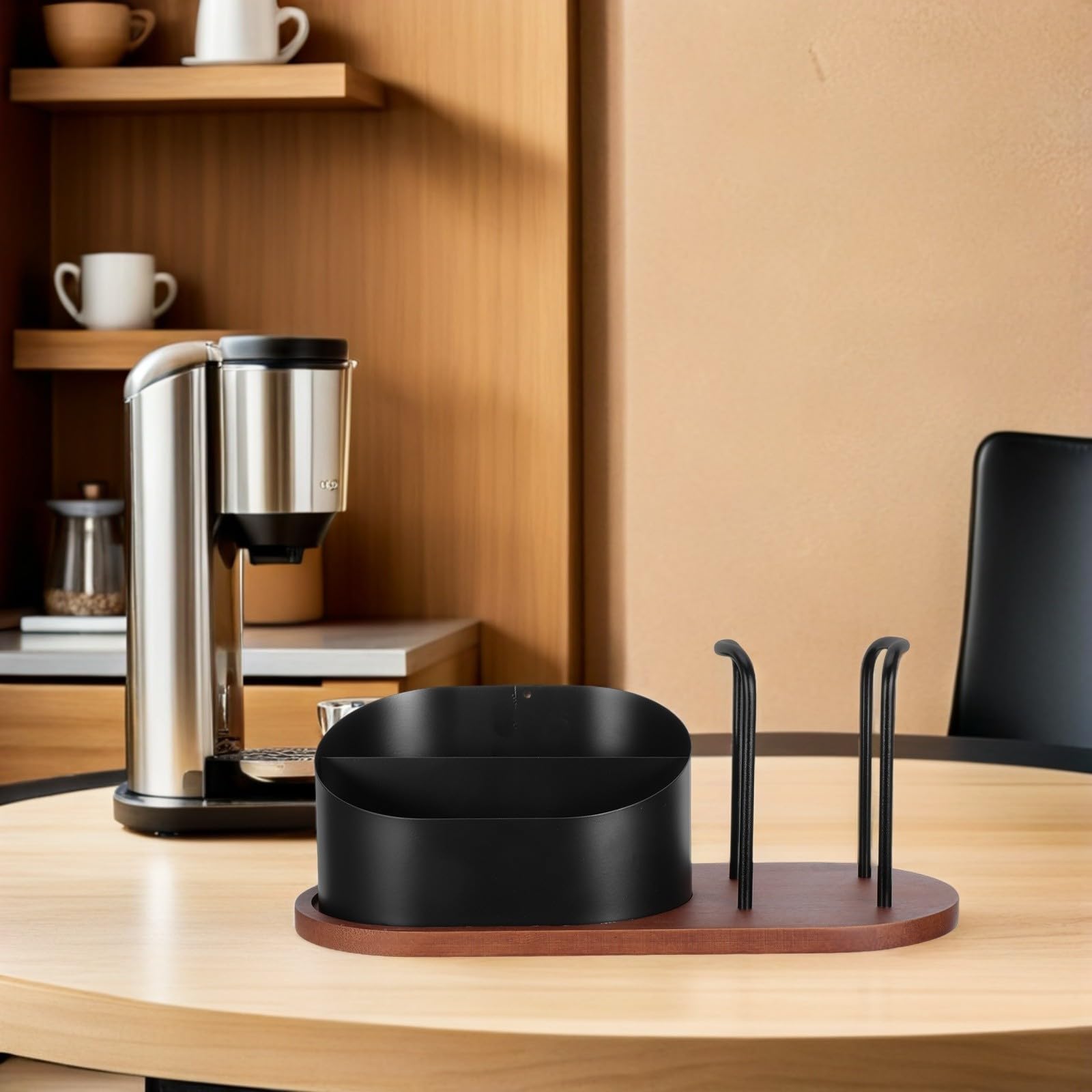 Organizzatore da Cucina in Legno e Acciaio Inox 2 Scomparti Divisi per Conservare Capsule di Caffè e Cannucce, per Ufficio e Workspace Rustico Riutilizzabile