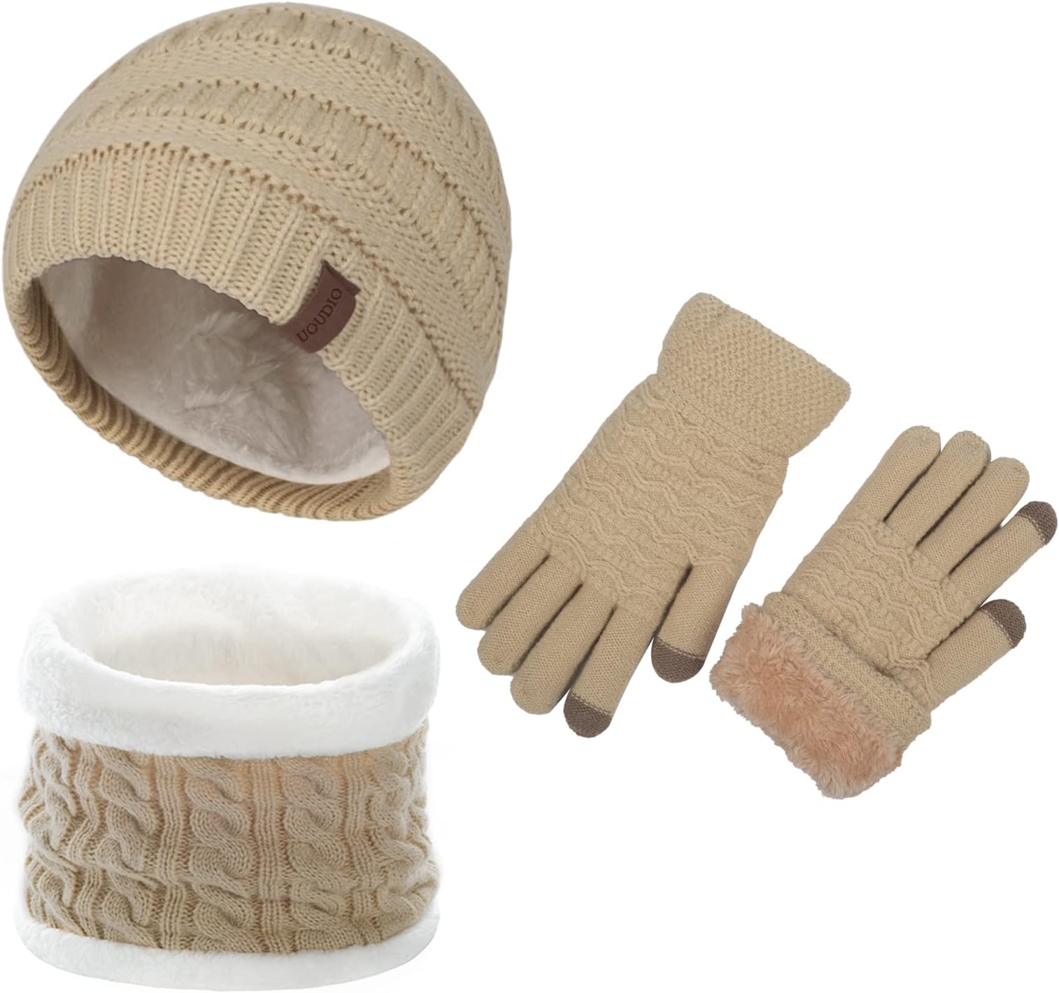 UOUDIO3 Pieces Winter Beanie Hat Scarf and Touch Screen Gloves Set Warm Knit Cap for Women