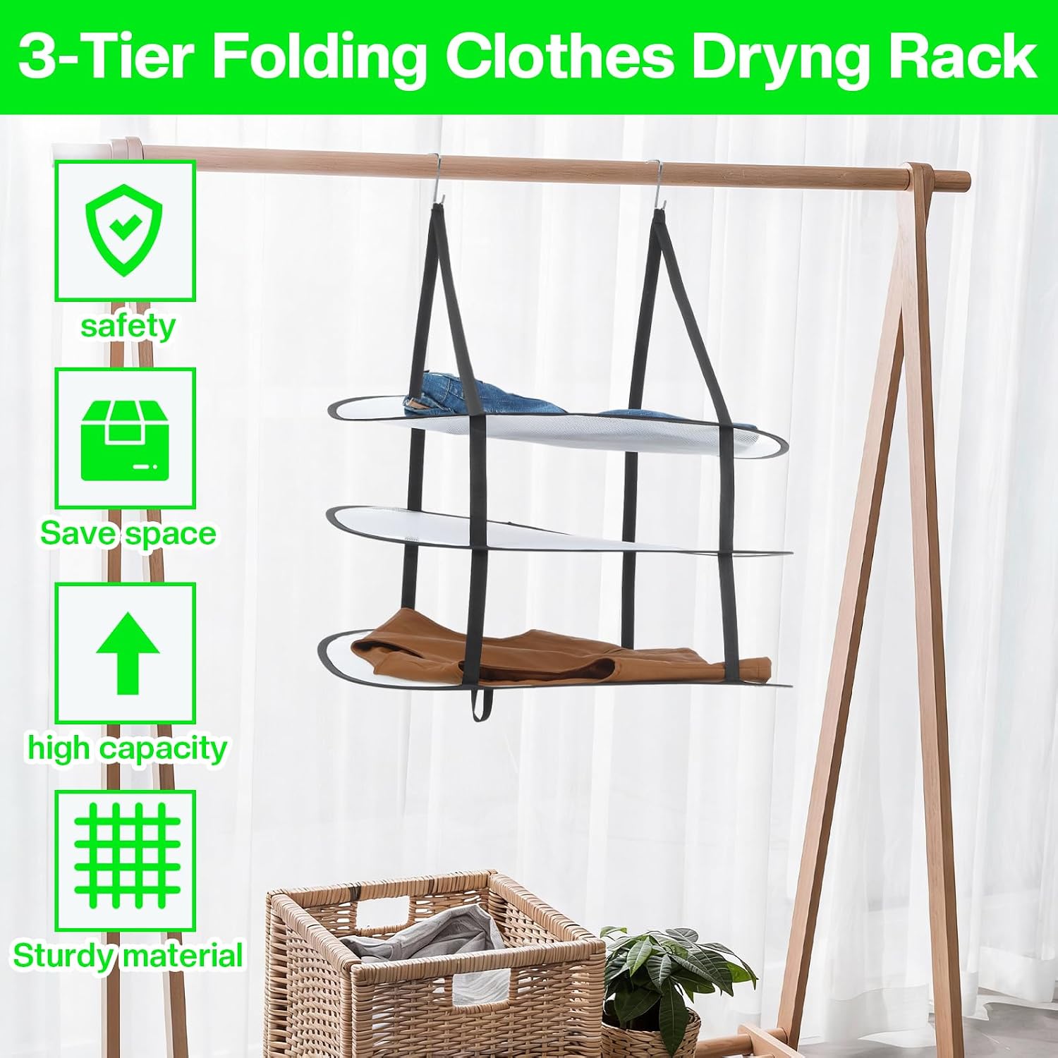 MAQUITA 2 Pcs 3 Tier Sweater Drying Rack Flat Over The Door Folding Drying Rack Large Lay Laundry Hanging Dryer Mesh Clothes Dry Hanger for Apartments Dorms Bathrooms (Black, 27 x 18.1 x 31.5 Inch)