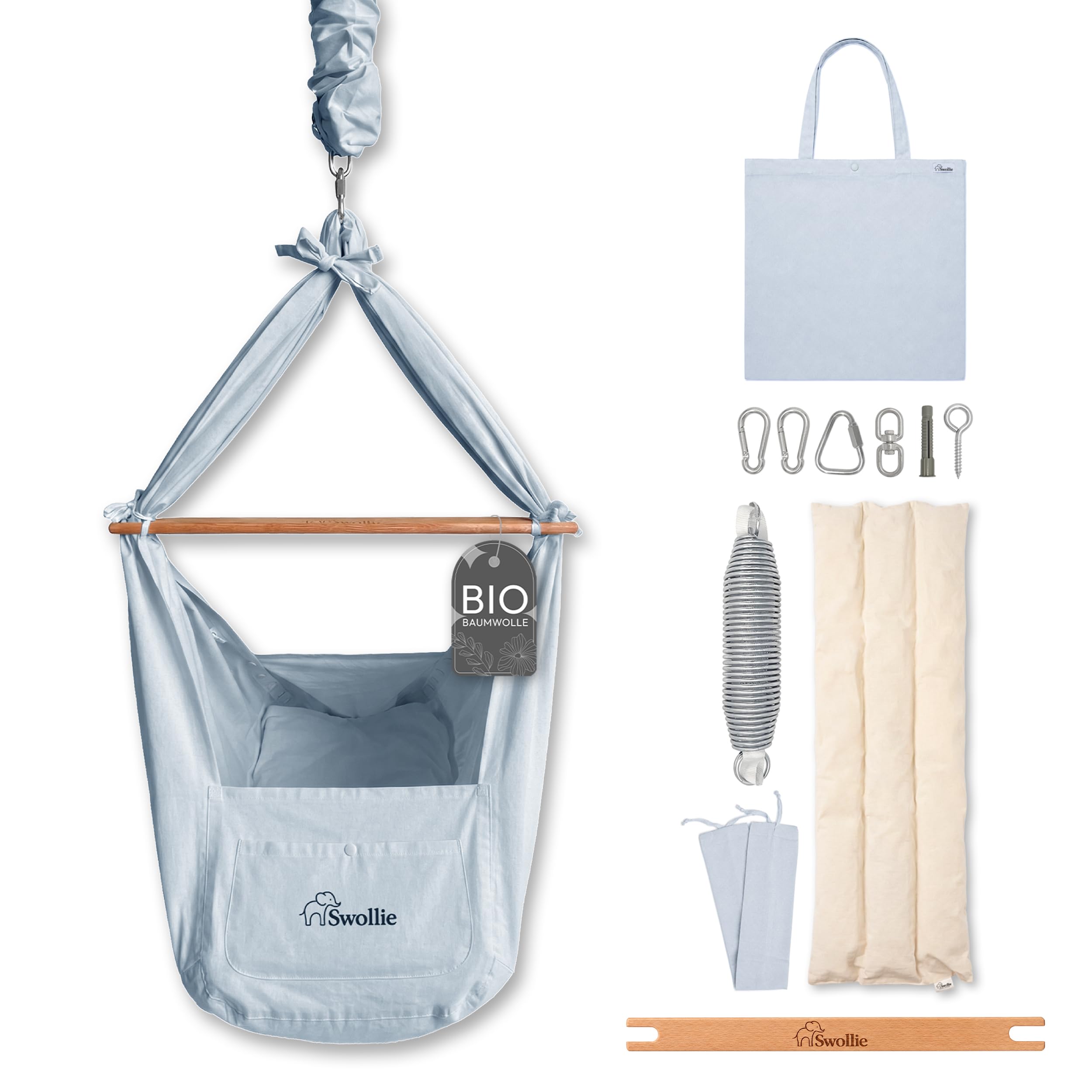 Premium Baby-Federwiege Blau | Bio-Baumwolle | für Babys ab Geburt bis 15 Kg | Schafwollmatratze | ergonomische Liegefläche |