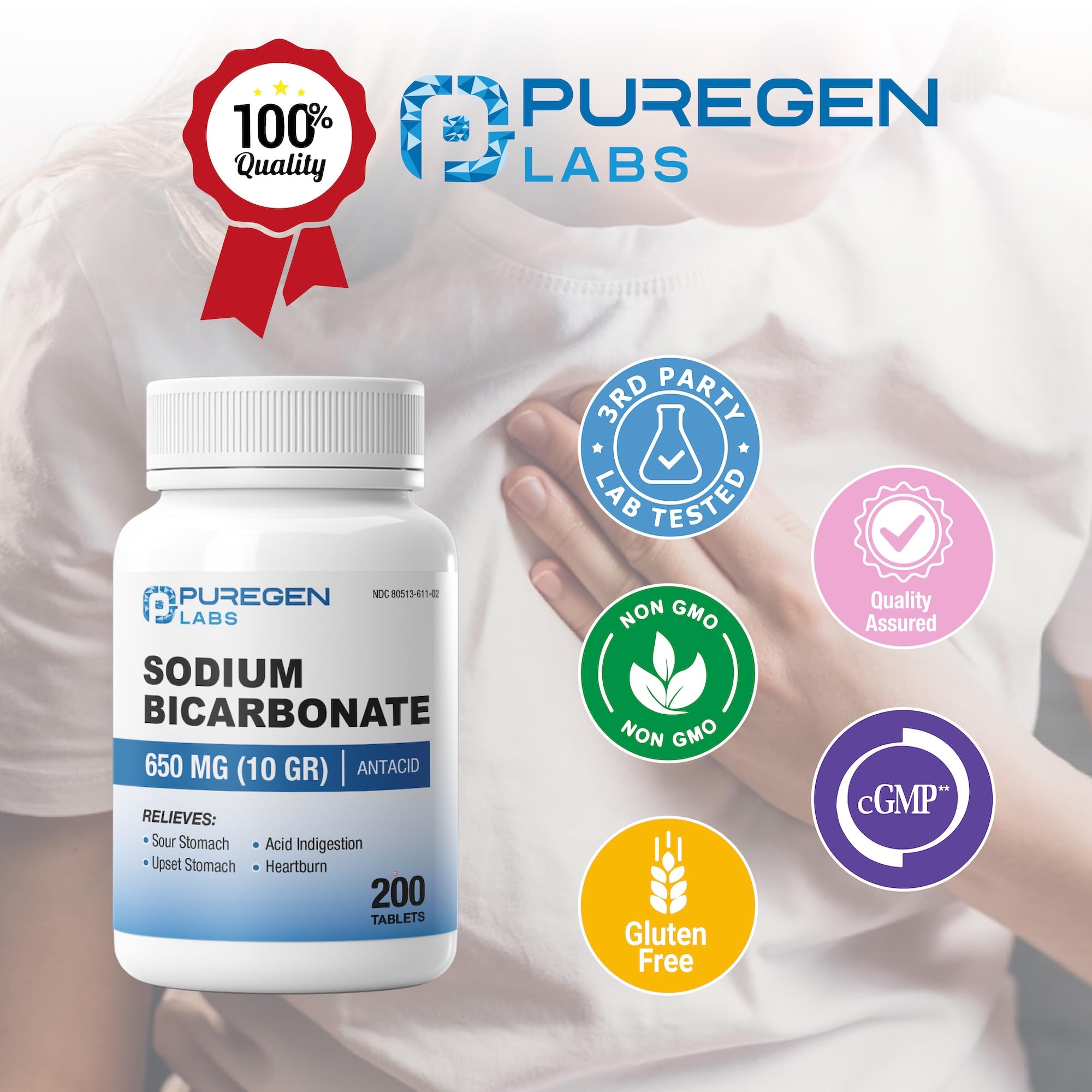 Puregen Labs Sodium Bicarbonate Tablets 650mg (10 Grains), 200 Count — Amazon image 6