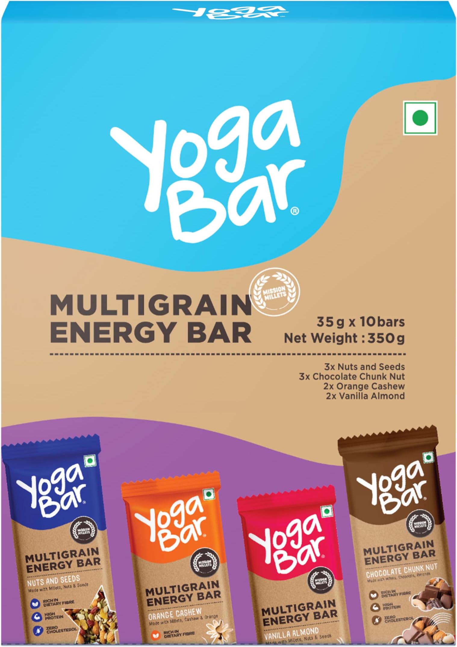 Yogabar Multigrain Energy Bars 380Gm Pack (38G x10) - Healthy Diet with Fruits, Nuts, Oats and Millets, Gluten Free, Crunchy Granola Bars, Packed with Chia and Sunflower Seeds (10 Bar)