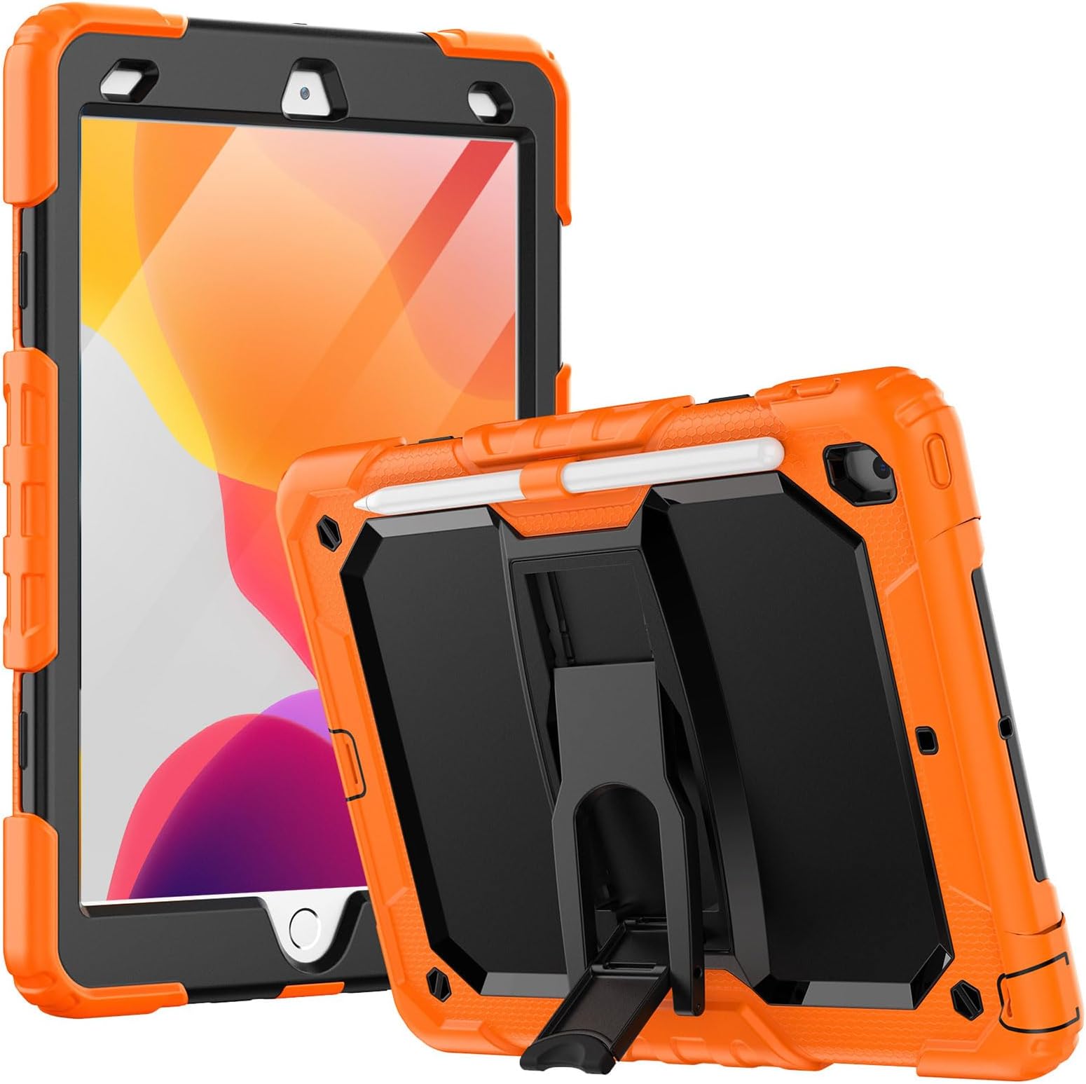 Timecity Case for iPad 9th/ 8th/ 7th Generation 10.2 inch 2021/2020/2019 - Heavy Duty Protective Cover with Screen Protector, Foldable Stand, Pencil Holder | Kids-Friendly (Orange)