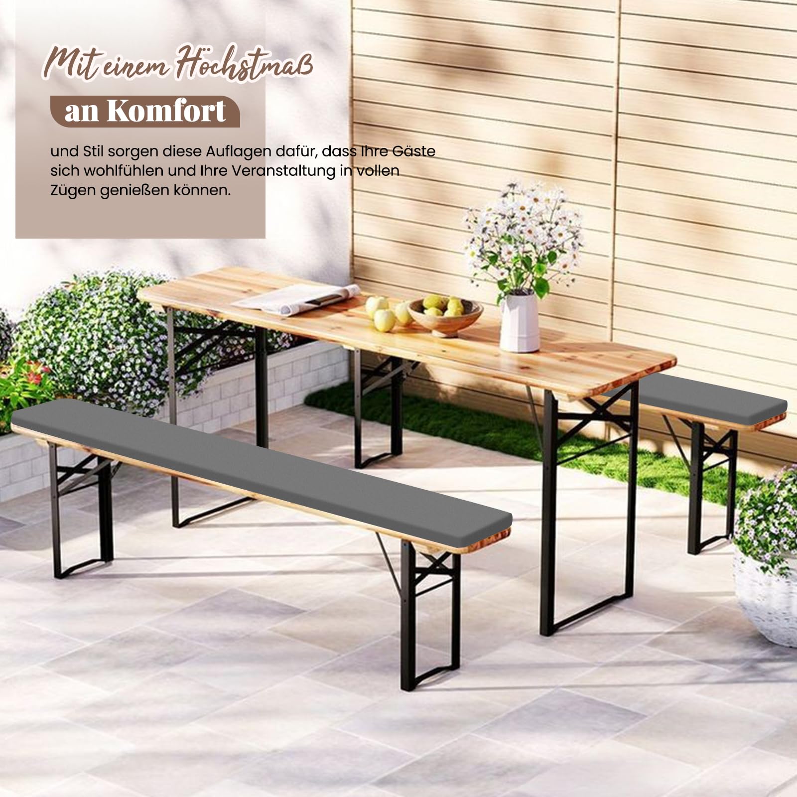 Pesonlook Set di 2 cuscini imbottiti per panca da birra, con cerniera, 220 x 25 x 3 cm, lavabili, per tavolo da birra e tenda da festa (grigio, impermeabile)