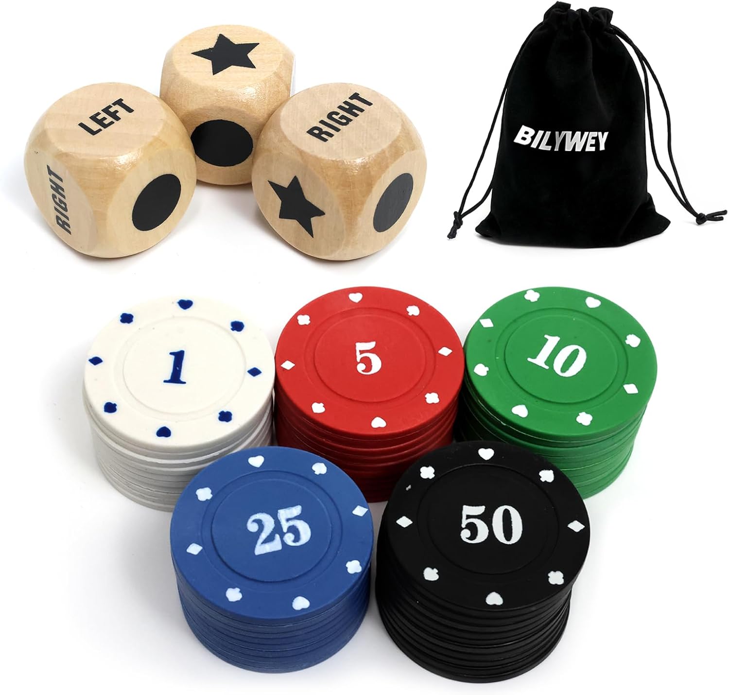 Bilywey Left Right Center Dice Game Set with 3Pcs 1Inch Wood Dices + 50pcs Colorful Poker Chips (Wood Set)