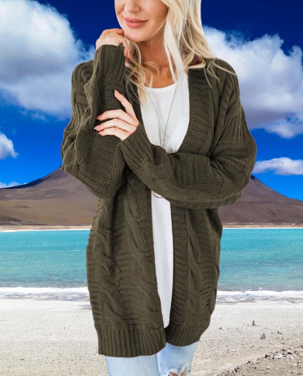 Long Sleeve Cable Knit Womens Cardigan Oversized Long Sweater Loose Casual Solid Color Mid Length Chunky Style - Image 5