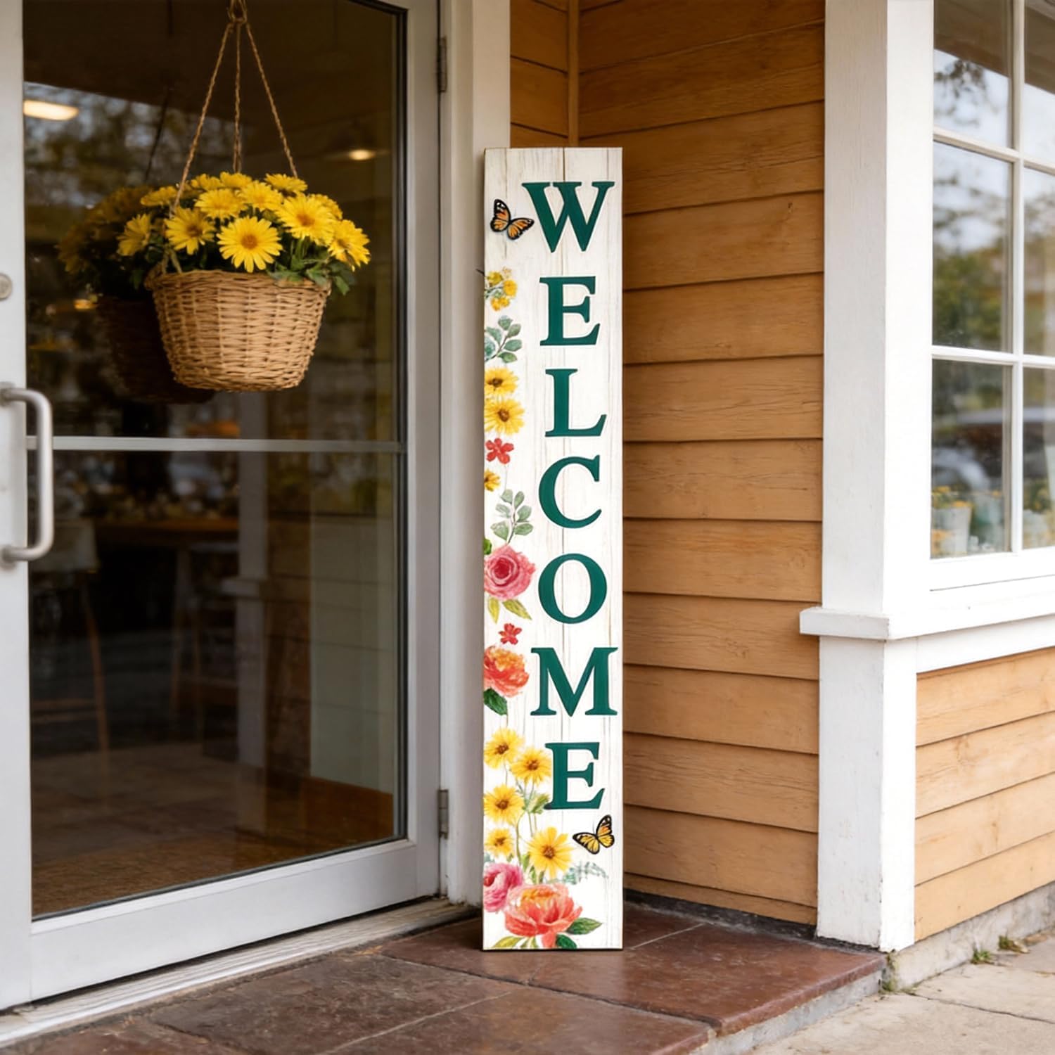 Welcome Sign for Front Door: 47" Wood Framed Spring Flower Decorations Porch Sigh with Hanging Rope, Farmhouse Hanging Standing Porch Leaner Signs for Home Outdoor