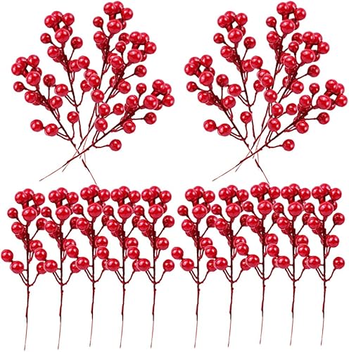 Paquete de 20 tallos falsos de bayas rojas, bayas rojas artificiales, bayas rojas de 7.8 pulgadas para decoración de árbol de Navidad, manualidades,