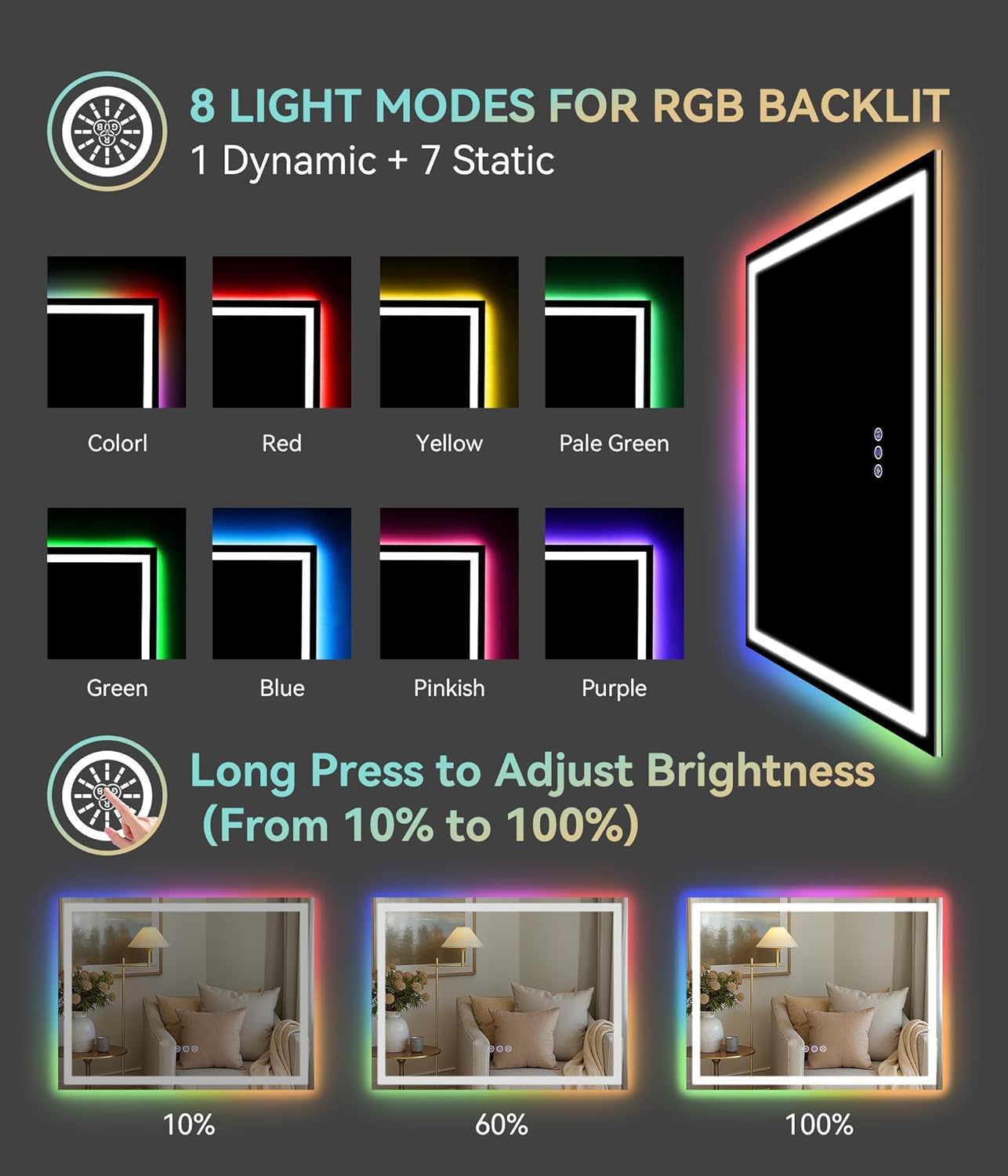 30x24 inches LED Bathroom Mirror Anti Fog Adjustable Brightness RGB Backlit and Front Lighting Wall Mounted Vanity Mirror with Memory Function Waterproof Tempered Glass Stylish and Functional