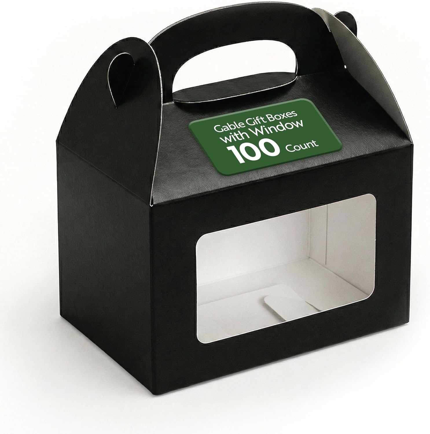 Restaurantware Bio Tek 8.5 x 4.8 x 5.5 Inch Gable Boxes For Party Favors, 100 Attractive Gift Boxes - Clear PET Window, With Built-In Handle, Black Paper Barn Boxes, Greaseproof, For Parties