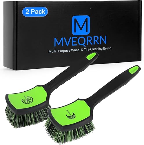 MVEQRRN 2-Pack Car Wheel Tire Detailing Brush Set:Wheel Cleaner Brush with Soft Bristles,Stiff Bristle Cleaning Brush with Rubber Handle for Deep Clean Car Tire Rims, Fenders or Carpet(Black Green)