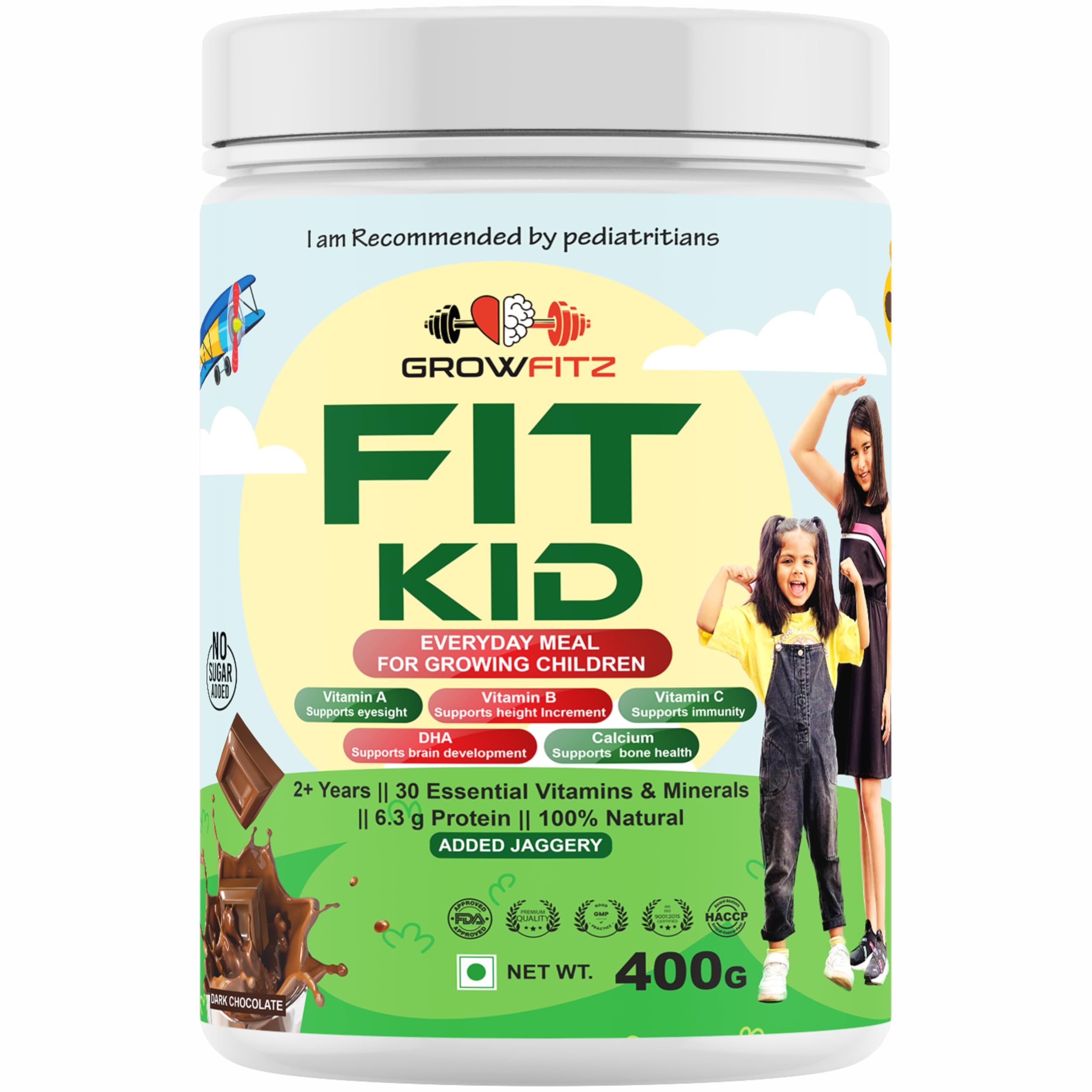 Growfitz FitKid | Natural Healthy Everyday Meal for Kids 2-18 | Supports Bone Strength, Immunity, Brain Development | No Sugar, Only Jaggery | 6.3g Protein | Almonds, Walnut, Ragi, Bajra (Chocolate) (Pack of 1, Chocolate)