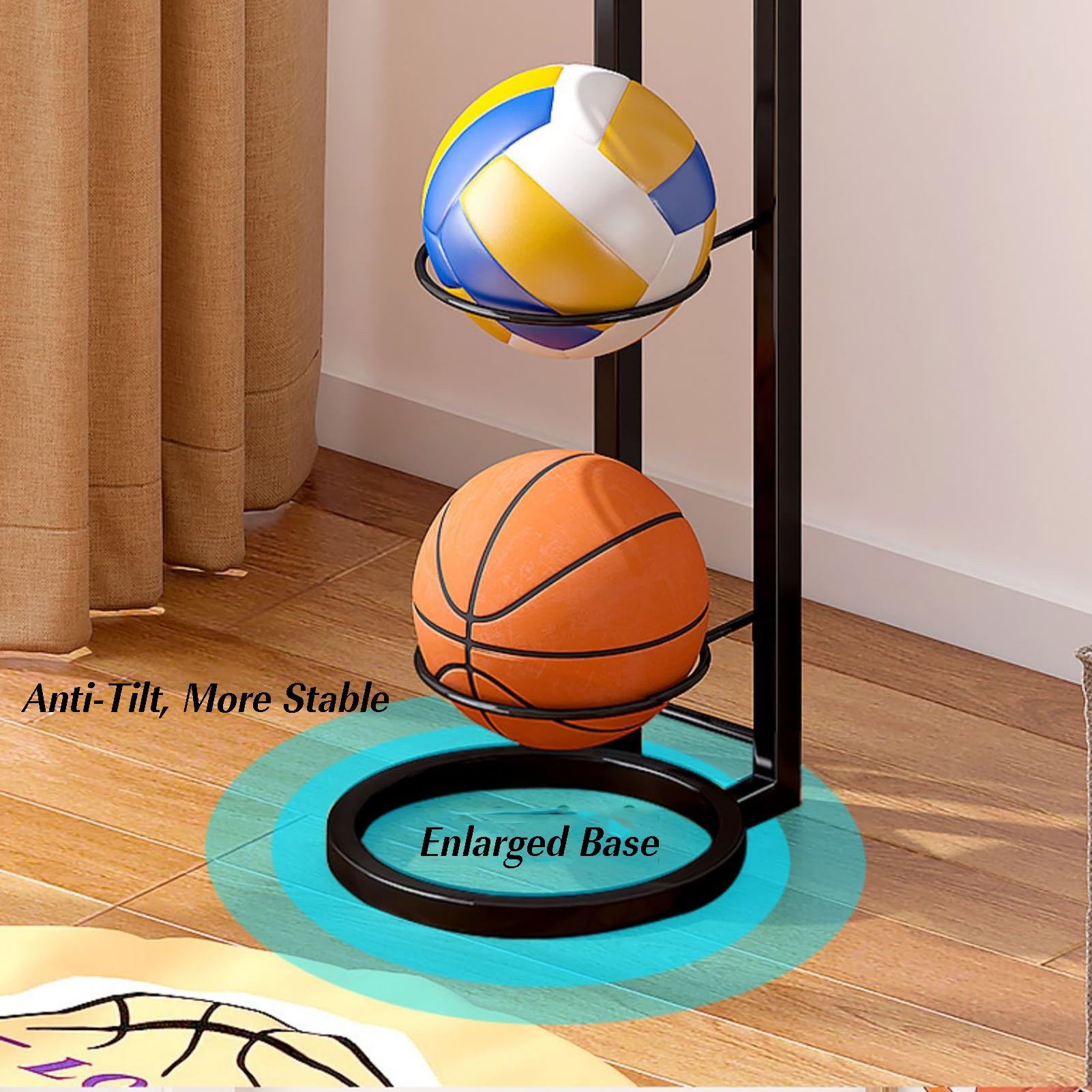 Ballaufbewahrungsregal, Aufbewahrungsregal for Sportbälle, Ballhalter for Basketball, Fußball, Volleyball, Fußball, Garage, Fitnessstudio und Schule(Black,23.5x100cm)