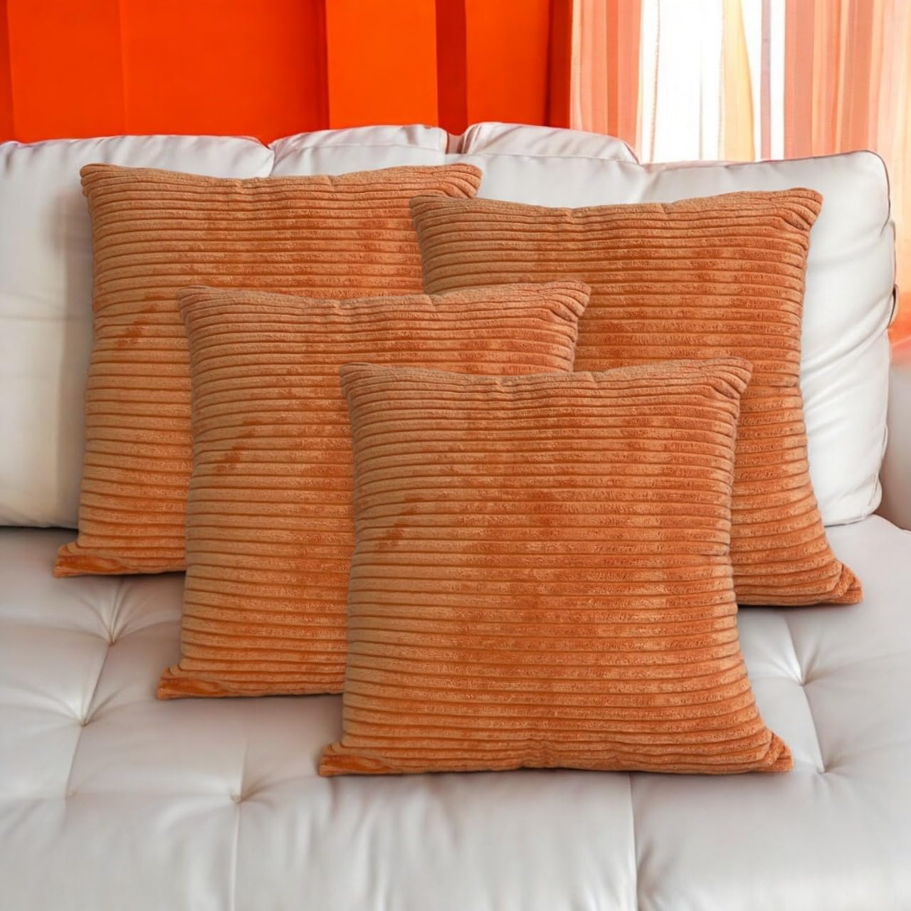 Seechoo Set of 4 - Corduroy Orange Sofa Cushion Covers 45 x 45 cm Decorative Pillows, 45 x 45 cm (Pack of 4)