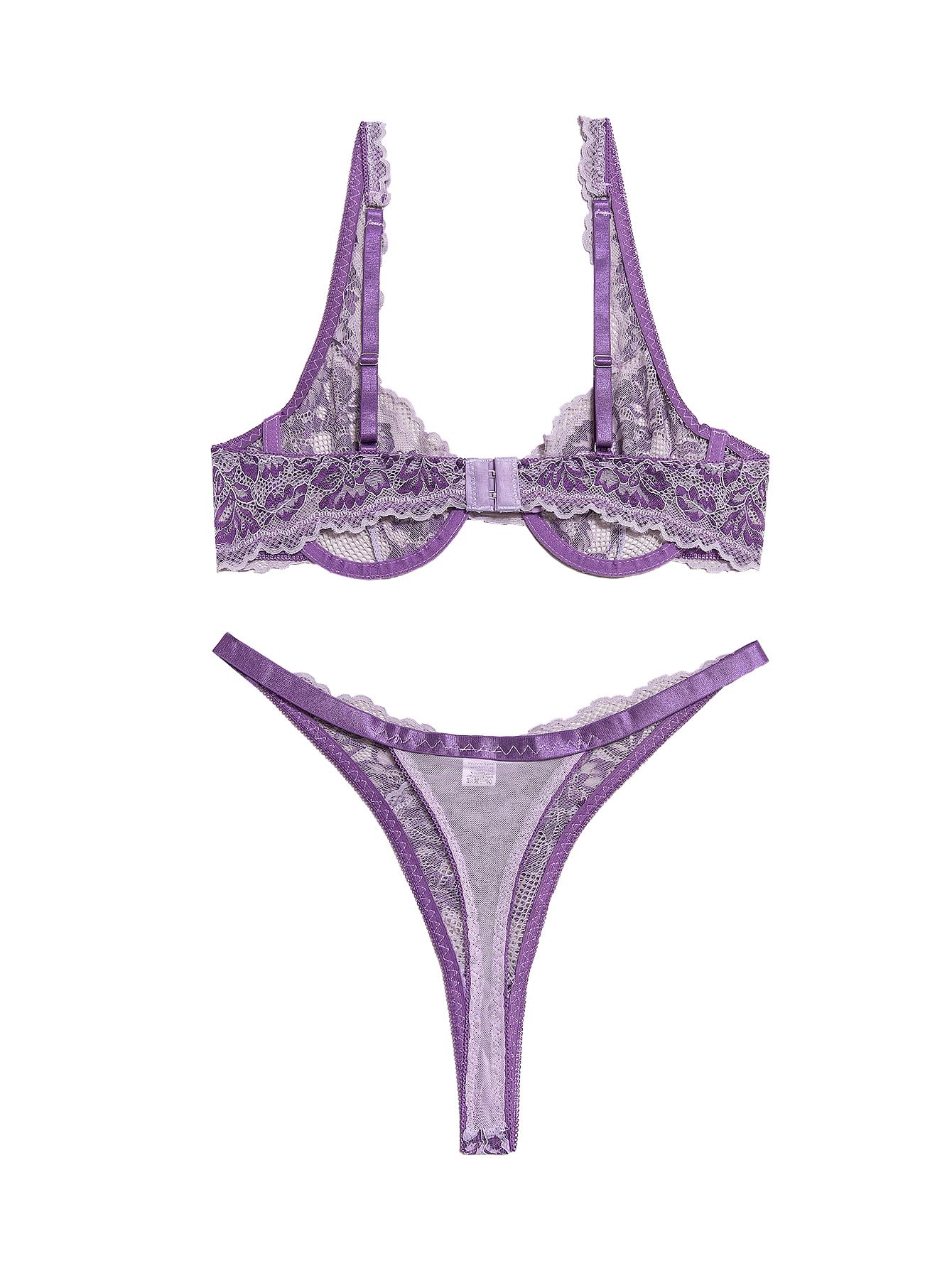 Lilosy Sexy Floral Lace Scallop Underwire Push Up Sheer Lingerie Set Outfits: X-Large Purple