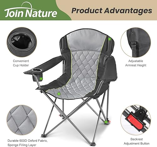 Miniatura 3 de Join Nature Silla de campamento, reclinable de 3 etapas, silla de césped plegable acolchada y cómoda con soporte para tazas, perfecta para