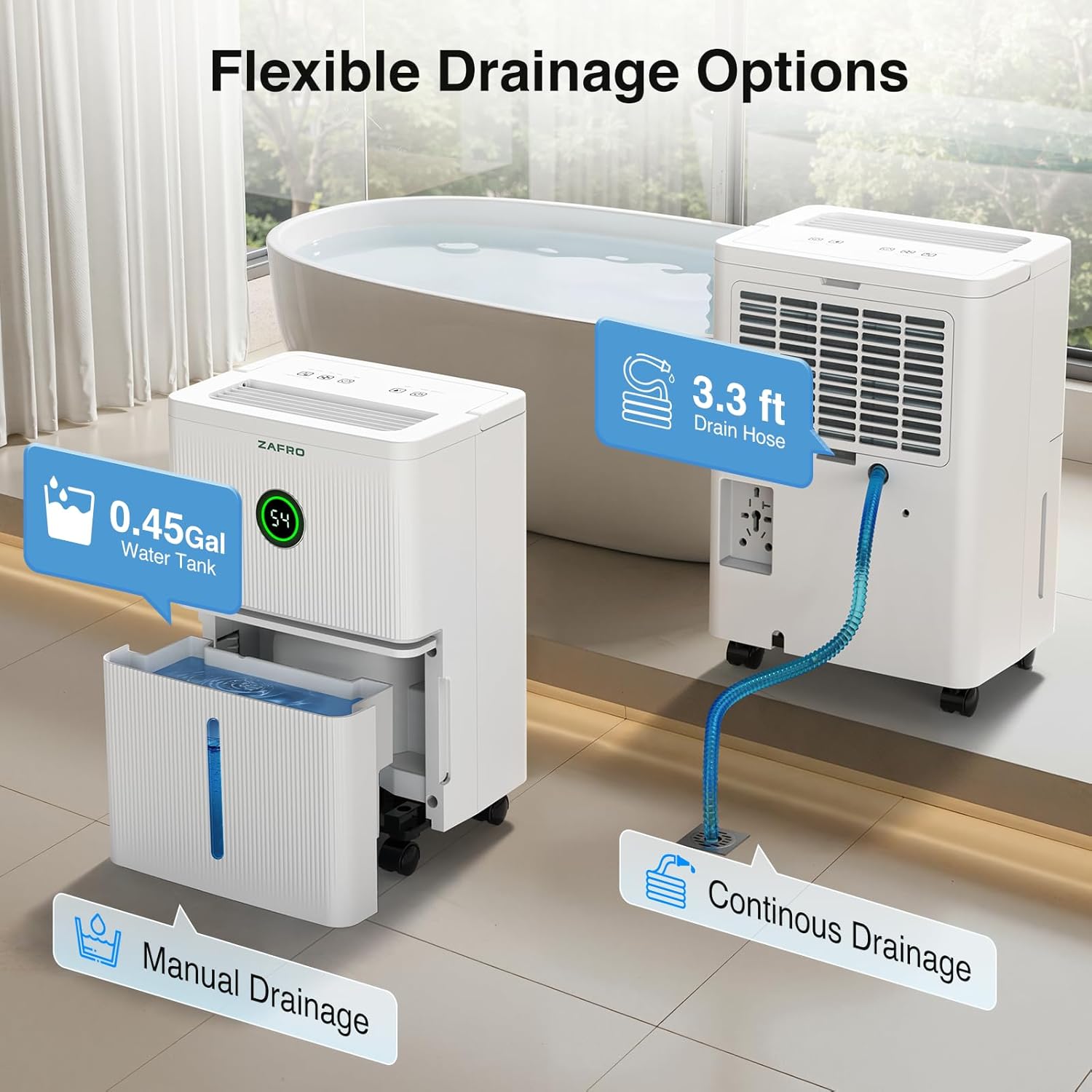 ZAFRO 1600 Sq.Ft Dehumidifiers for Home and Basement with Drain Hose, Ultra Quiet 41dB, Energy Saving Max 21 Pints Dehumidifier with Auto or Manual Drainage, Auto Defrost, Three Modes, Dry Clothes