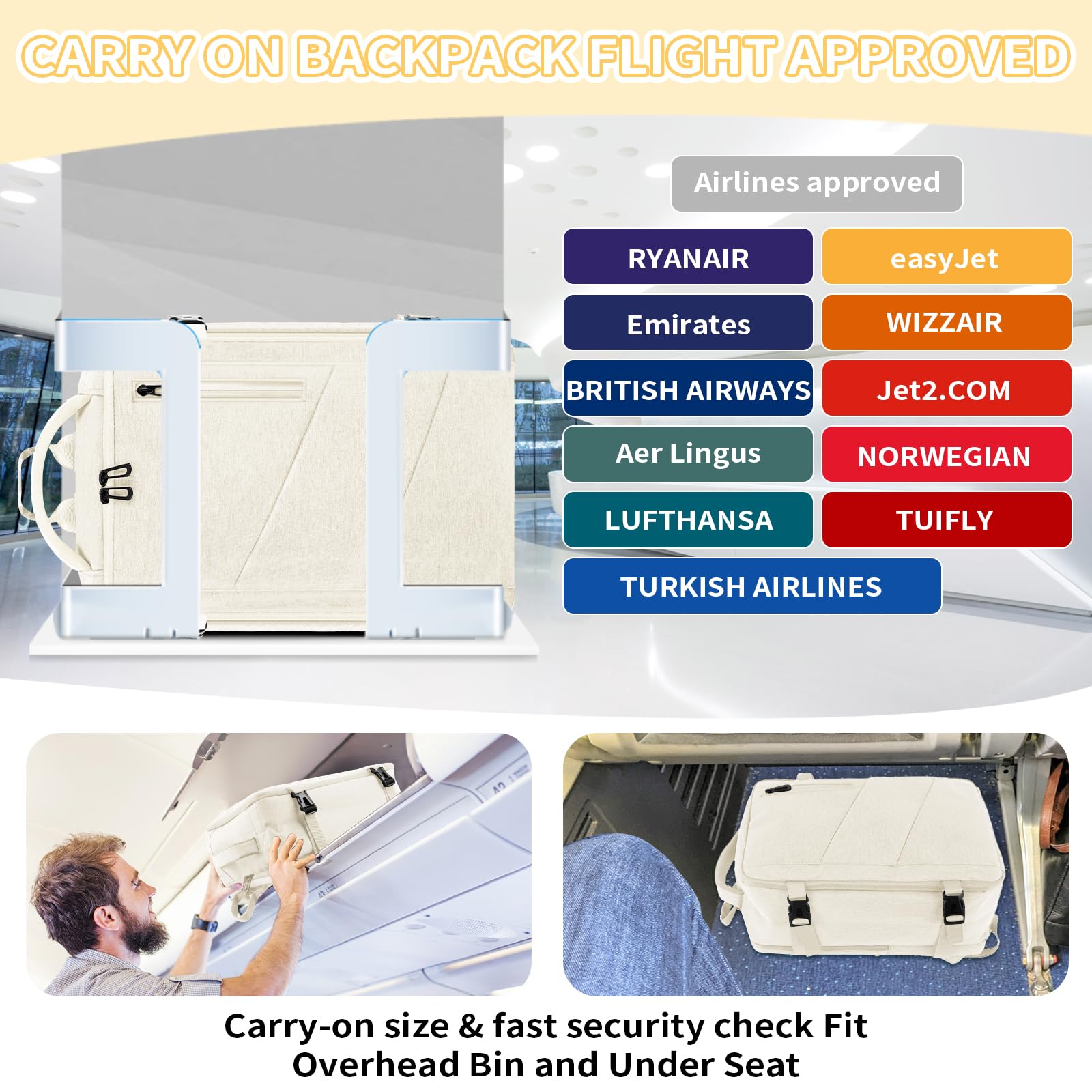 VOESLD Zaino 45x36x20 per Easyjet, Zaino da Viaggio Aereo Bagaglio a Mano Beige Zaino Porta PC Donna Uomo Impermeabile Zaino Bagaglio a Mano per Tutte le Principali Compagnie Aeree, con Porta USB 32L