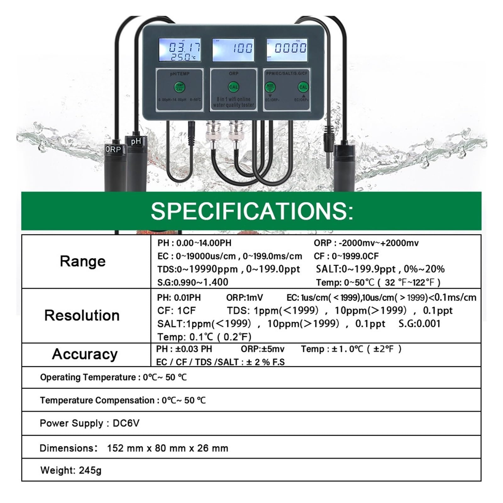 8 W 1 WiFi Tuya Tester Jakości Wody Akwarium Inteligentny Miernik PH ORP/TDS/EC/SALT/TEMP Monitor Do Pitnej Basen Szeroki Zakres Liczbowy