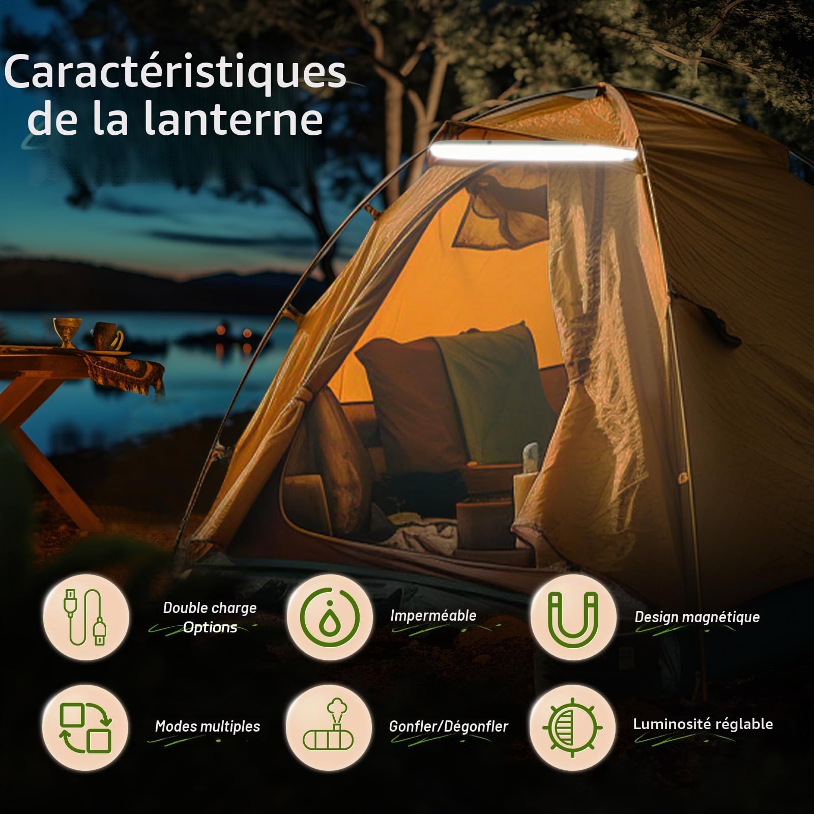 Lampes de Camping Gonflables Solaires 33.86IN/86CM Lampe Télescopique Pliable Outask, Lumière LED Extérieure Portable 2000mAh IP66 Étanche avec Lumière Blanche pour Camping, Randonnée - Vert