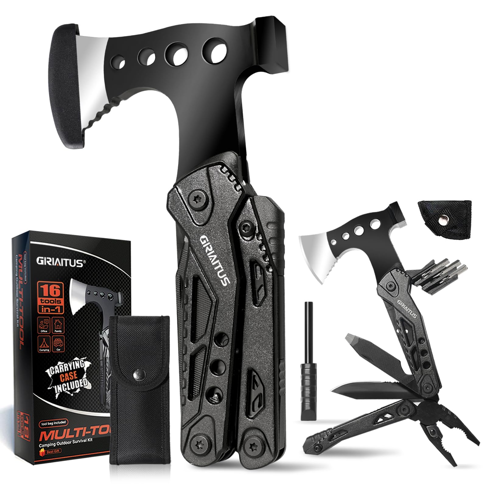 Camping Multitool Accessories, Gifts for Men 16in1 Multipurpose Tool with Axe Survival Hammer Pliers Screwdrivers Bottle Opener Father's Day Gift
